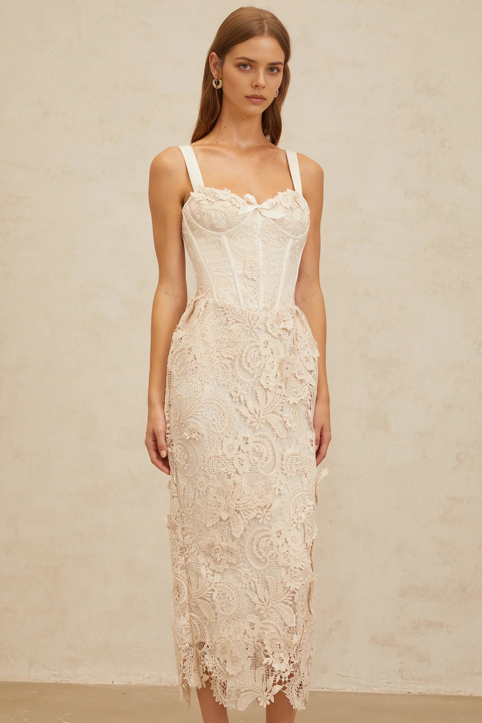 Cream Lace Corset Midi Dress Neutrals Corded Lace Corset Midi Dress Evening Dress