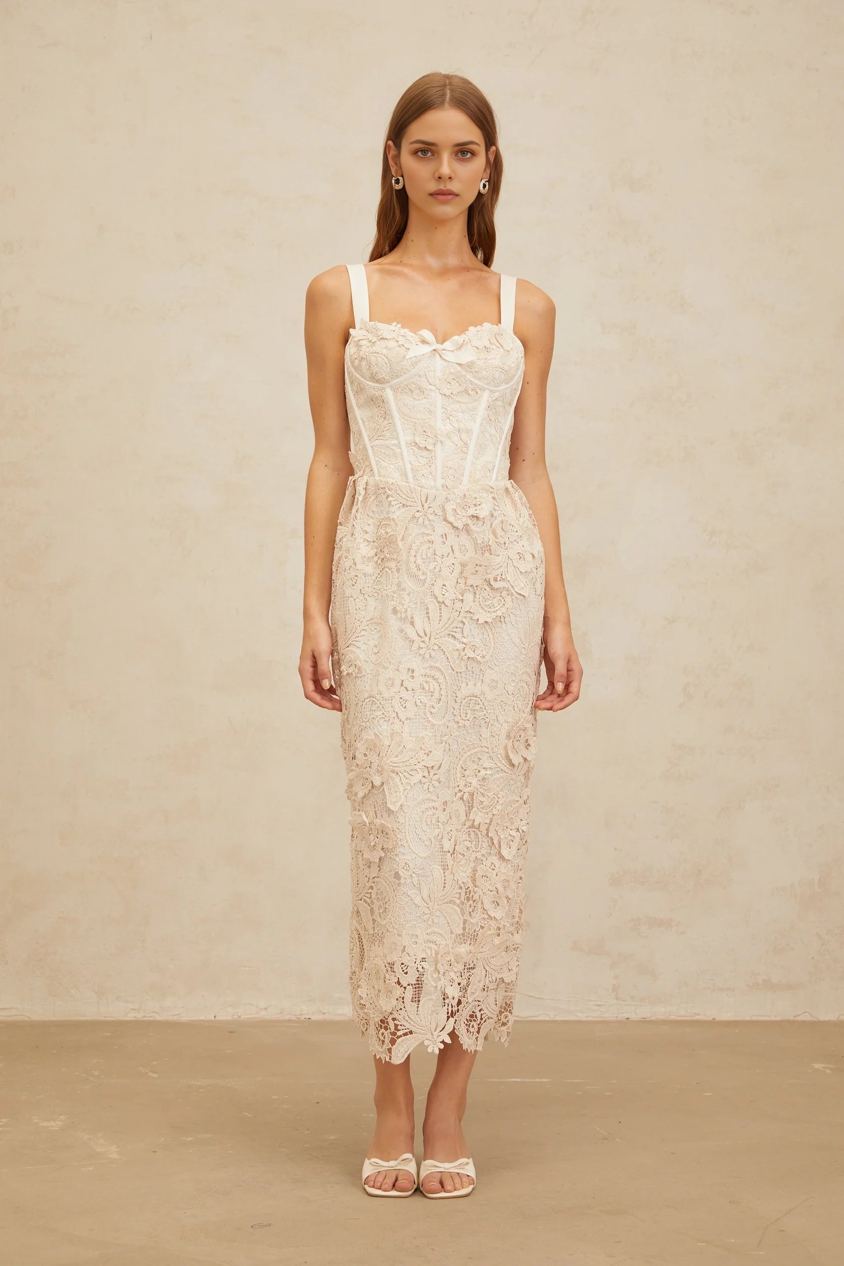 Cream Lace Corset Midi Dress Neutrals Corded Lace Corset Midi Dress Evening Dress