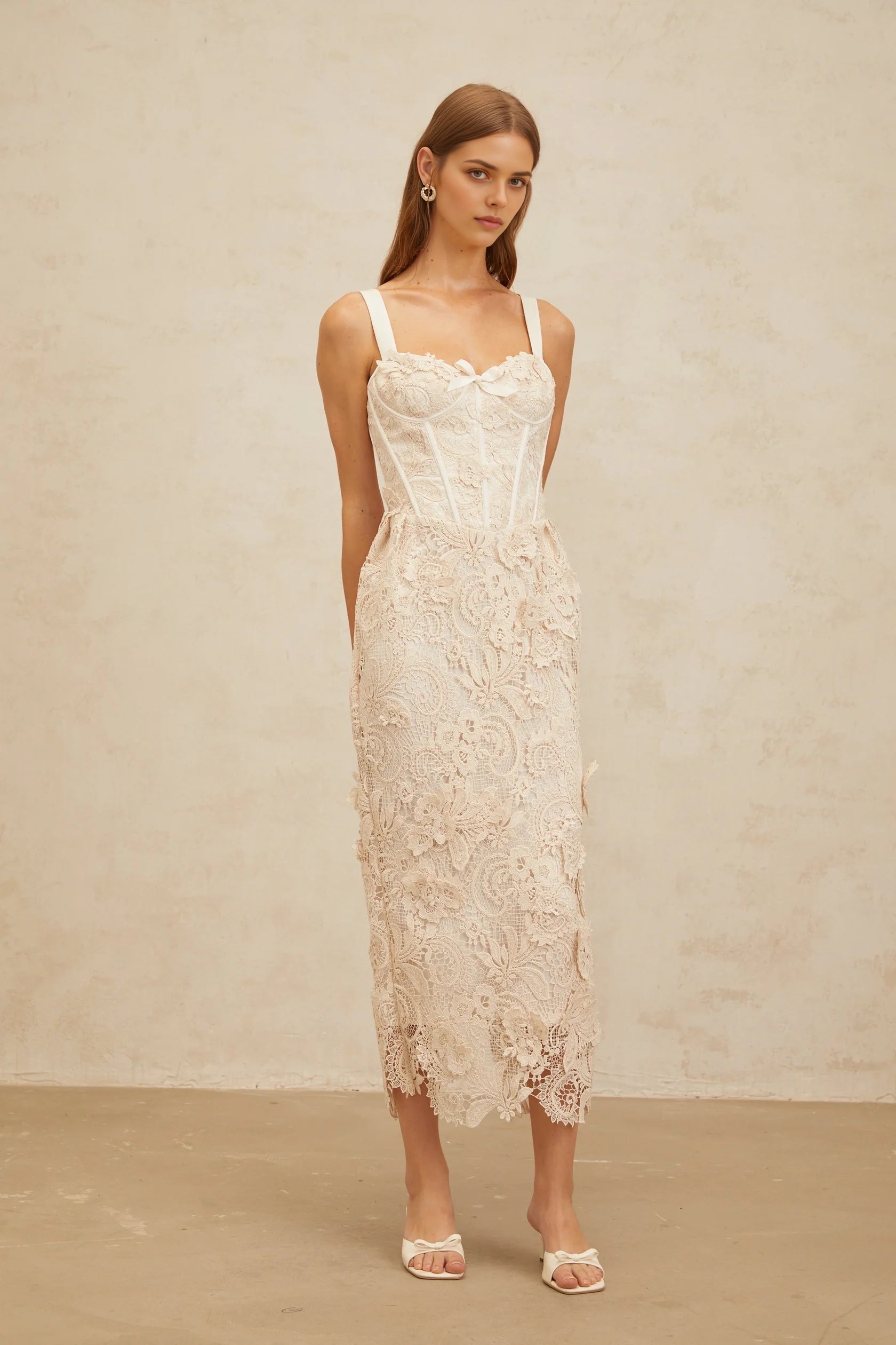 Cream Lace Corset Midi Dress Neutrals Corded Lace Corset Midi Dress Evening Dress