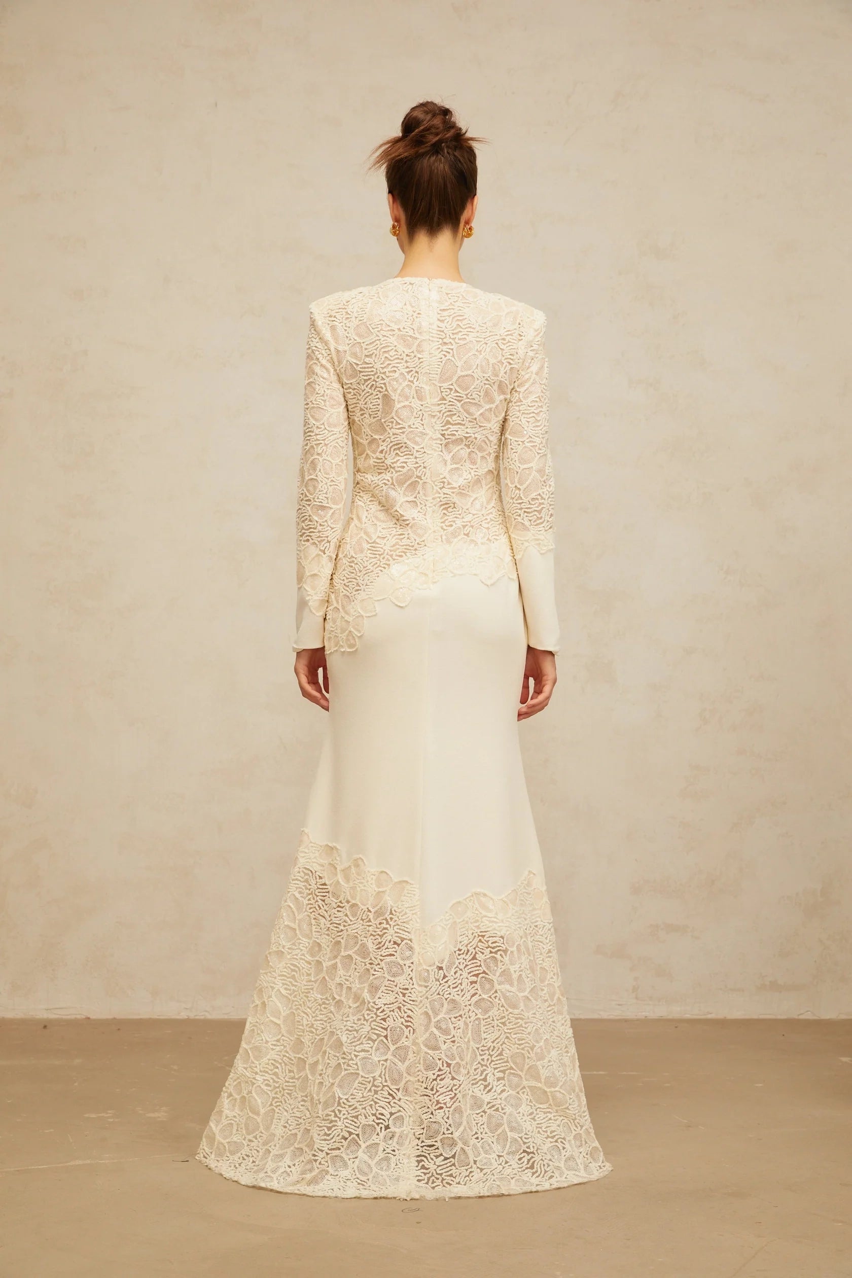 Cream Lace Long - Sleeve Maxi Dress  off-white textured floral-embroidered sequined maxi dress Evening Dress