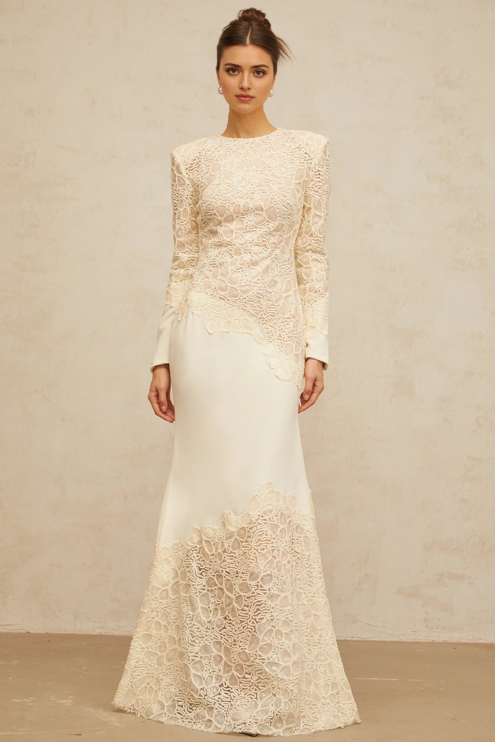 Cream Lace Long - Sleeve Maxi Dress  off-white textured floral-embroidered sequined maxi dress Evening Dress