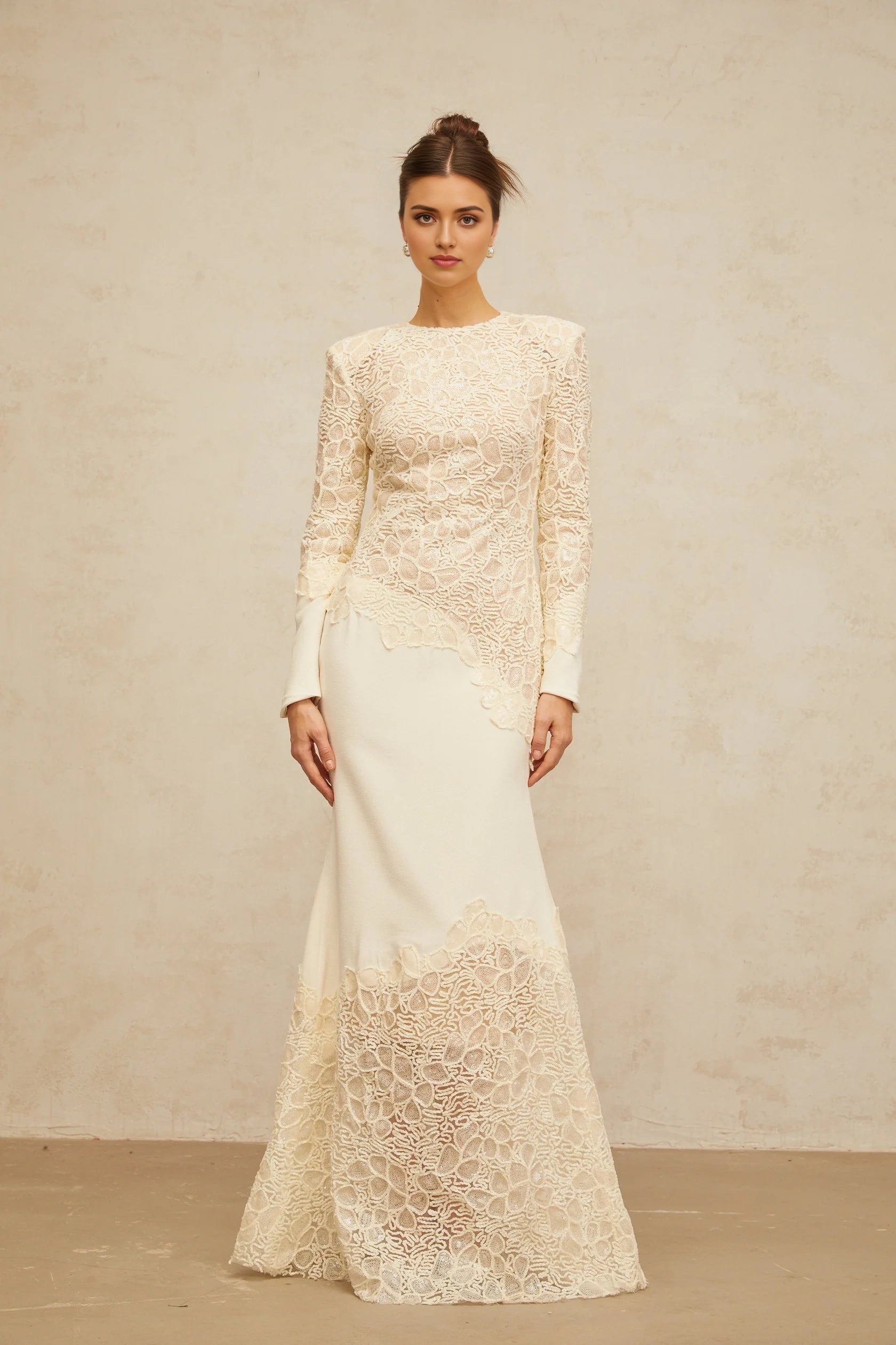 Cream Lace Long - Sleeve Maxi Dress  off-white textured floral-embroidered sequined maxi dress Evening Dress