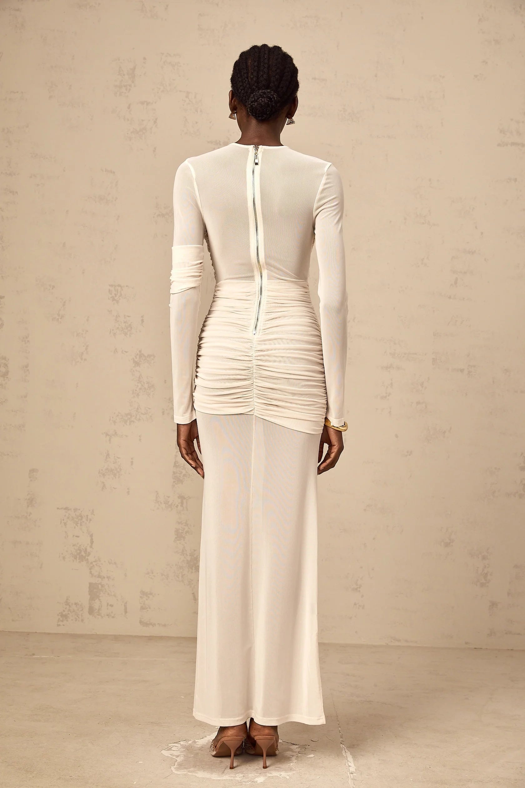 Cream Mesh Ruched Long - Sleeve Maxi Dress white ruched tulle maxi dress Evening Dress