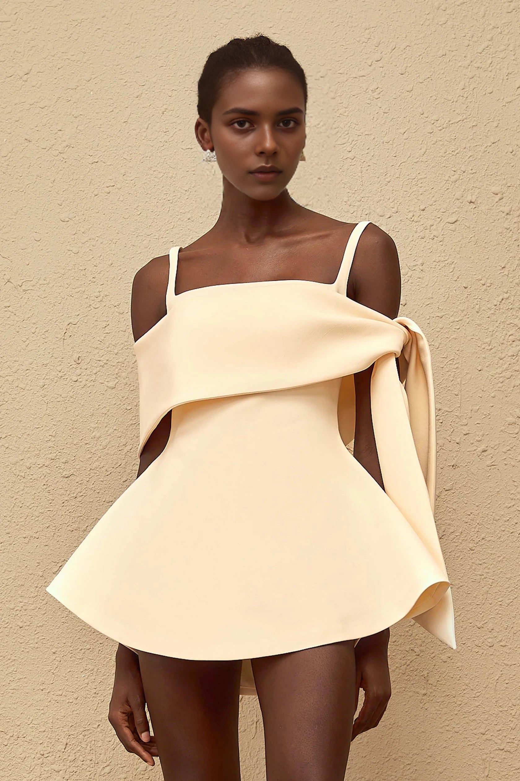 Cream Off - Shoulder Bow Detail Mini Dress Garance Cream White Self Tie Flared Mini Dress Evening Dress