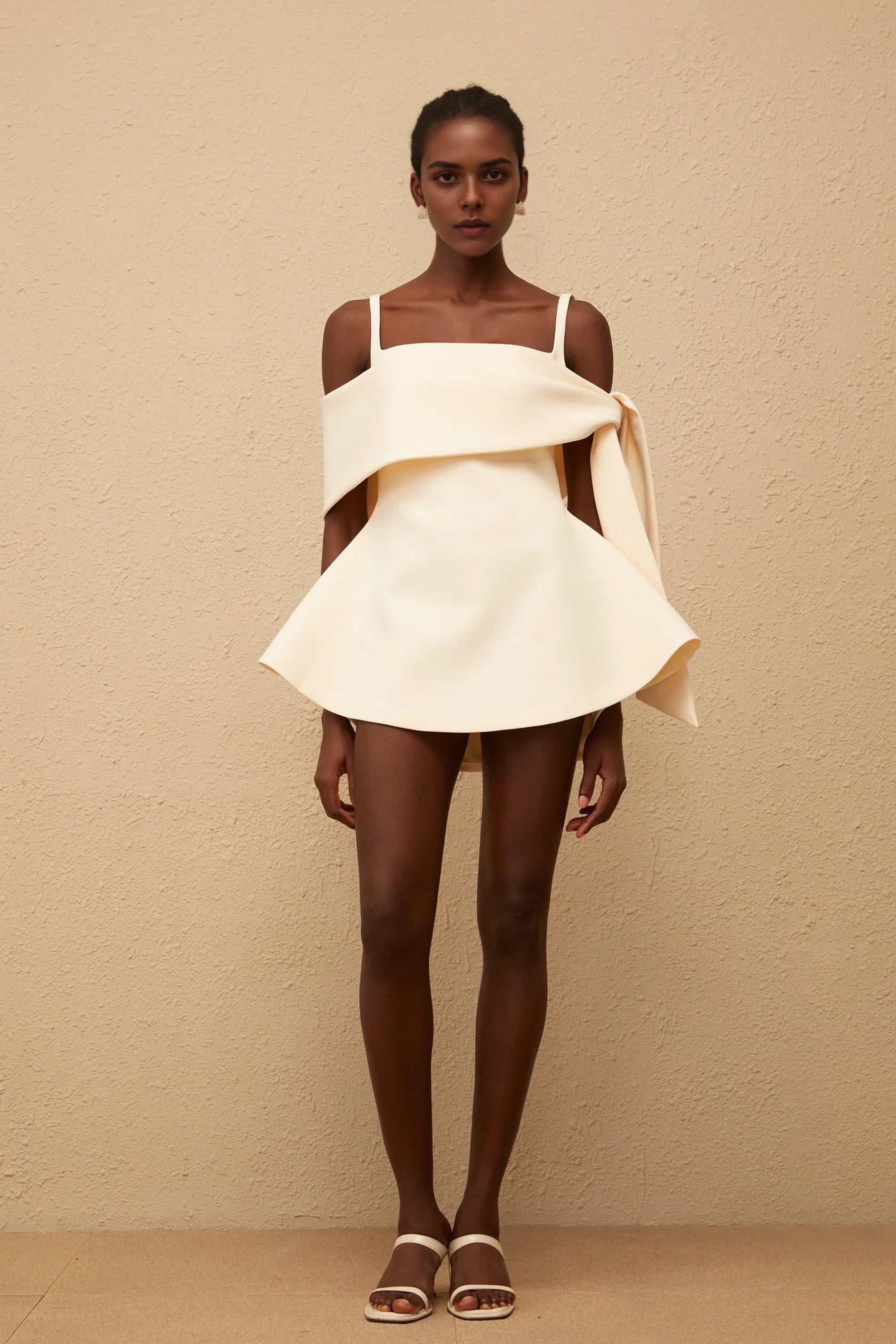 Cream Off - Shoulder Bow Detail Mini Dress Garance Cream White Self Tie Flared Mini Dress Evening Dress