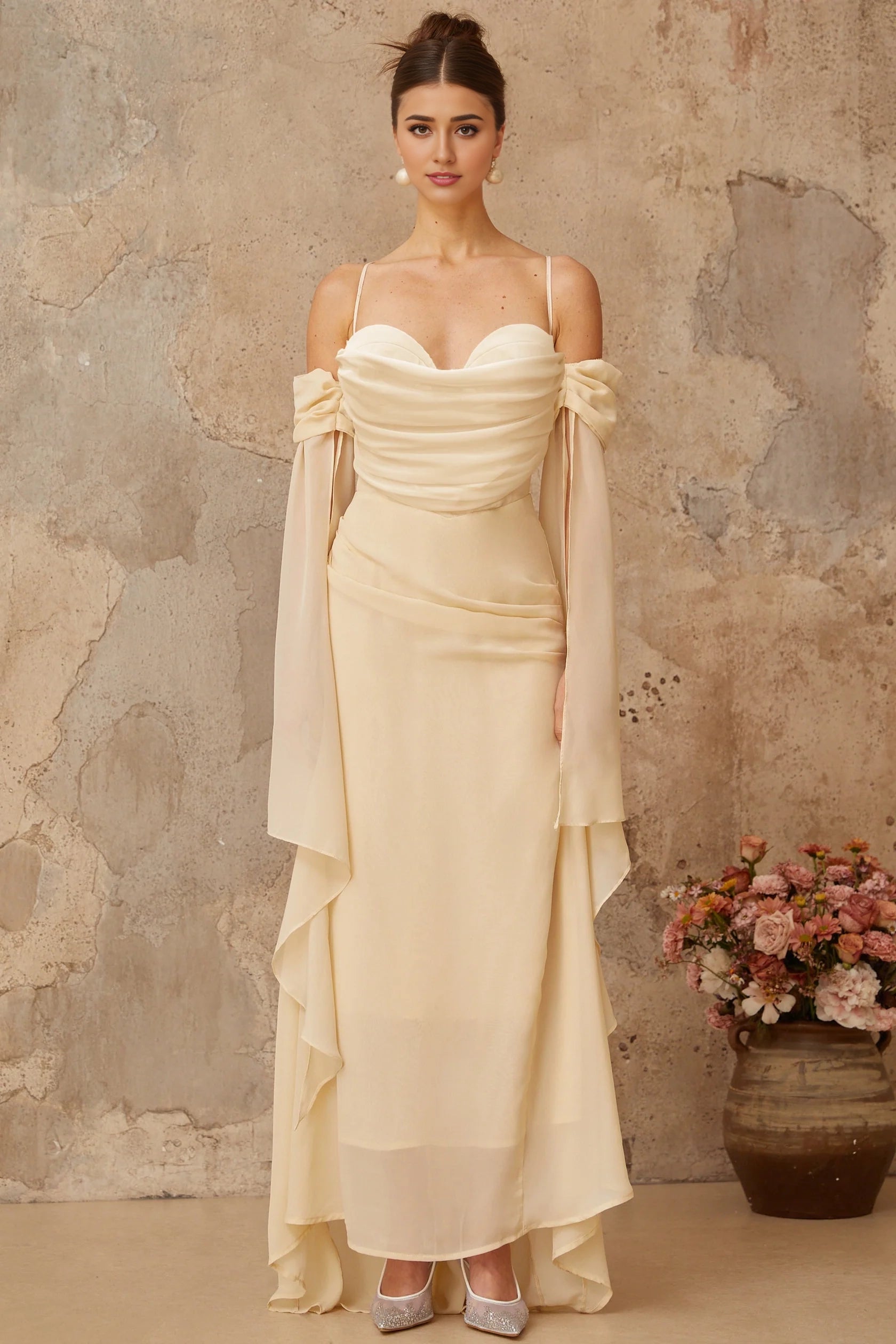 Cream Off - Shoulder Draped Maxi Dress with Cape Sleeves Neutral Ruched Chiffon Maxi Dress Evening Dress