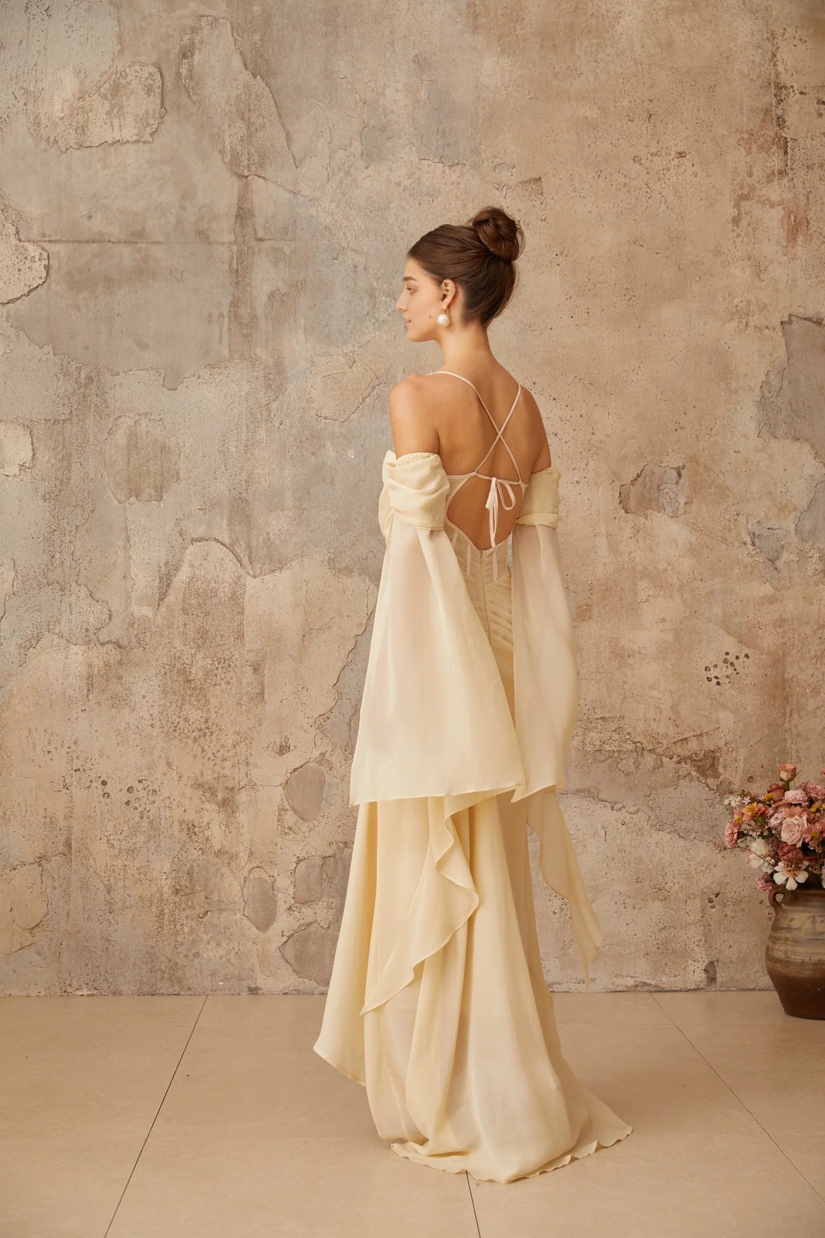 Cream Off - Shoulder Draped Maxi Dress with Cape Sleeves Neutral Ruched Chiffon Maxi Dress Evening Dress