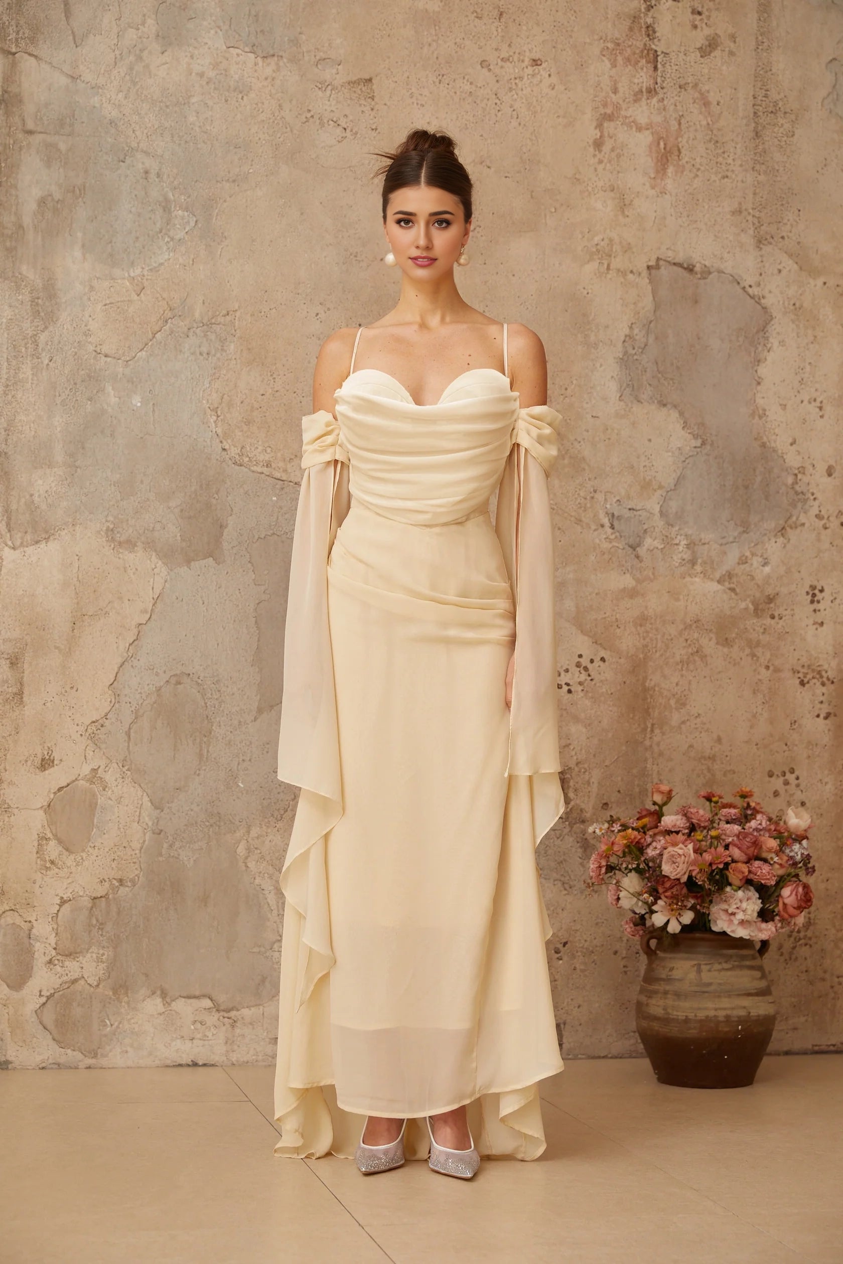 Cream Off - Shoulder Draped Maxi Dress with Cape Sleeves Neutral Ruched Chiffon Maxi Dress Evening Dress