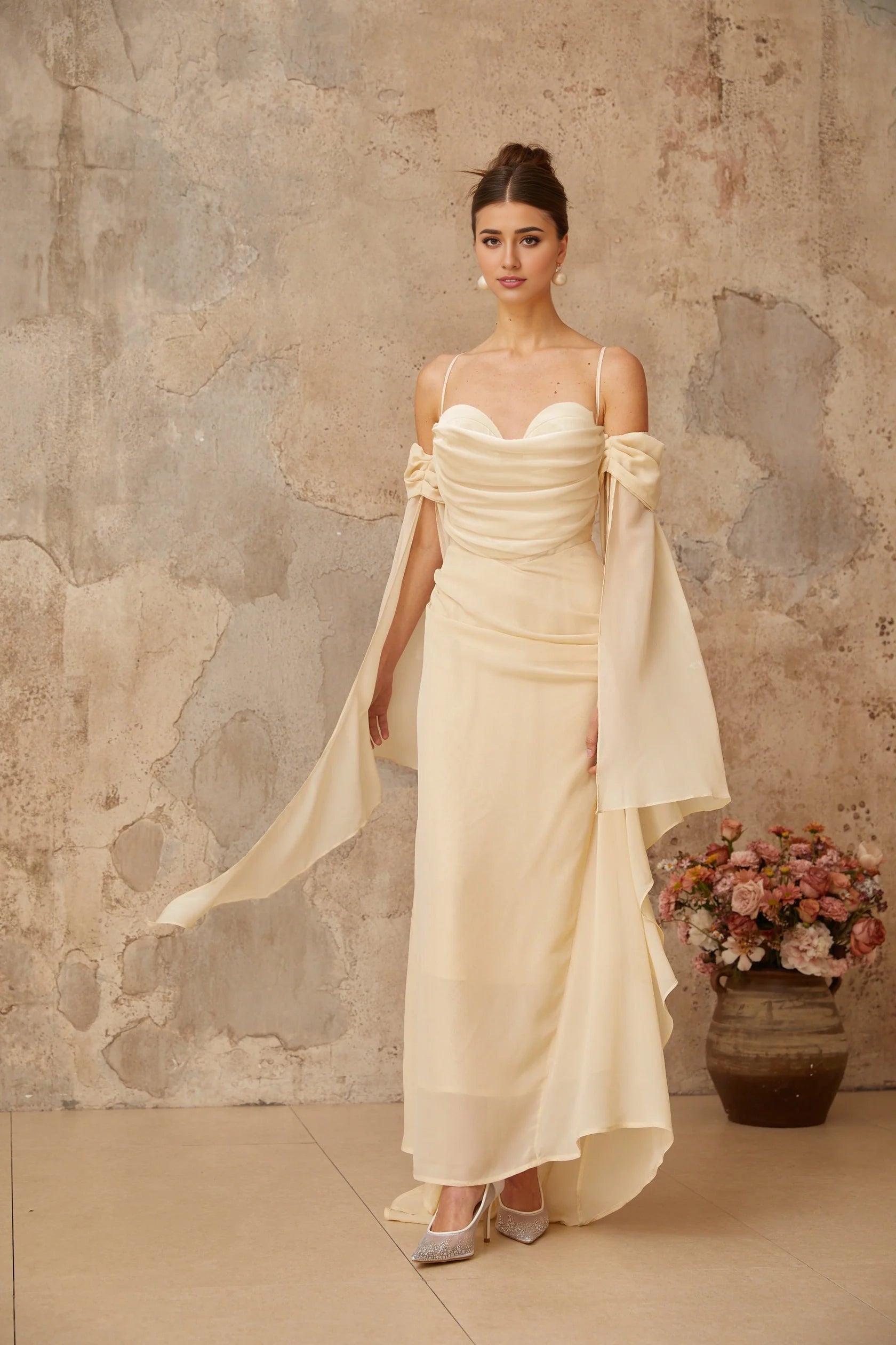 Cream Off - Shoulder Draped Maxi Dress with Cape Sleeves Neutral Ruched Chiffon Maxi Dress Evening Dress