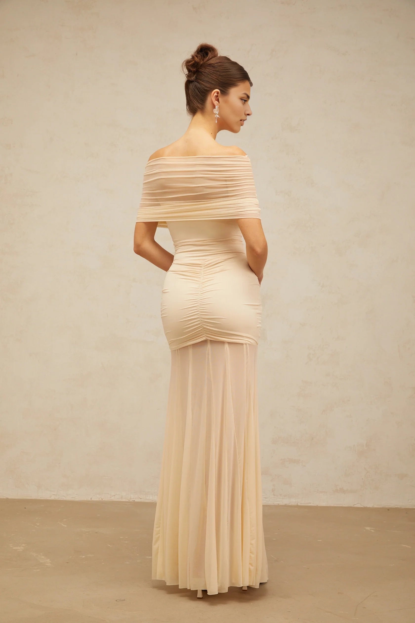 Cream Off - Shoulder Ruched Maxi Dress neutrals tulle-panel smocked maxi dress Evening Dress