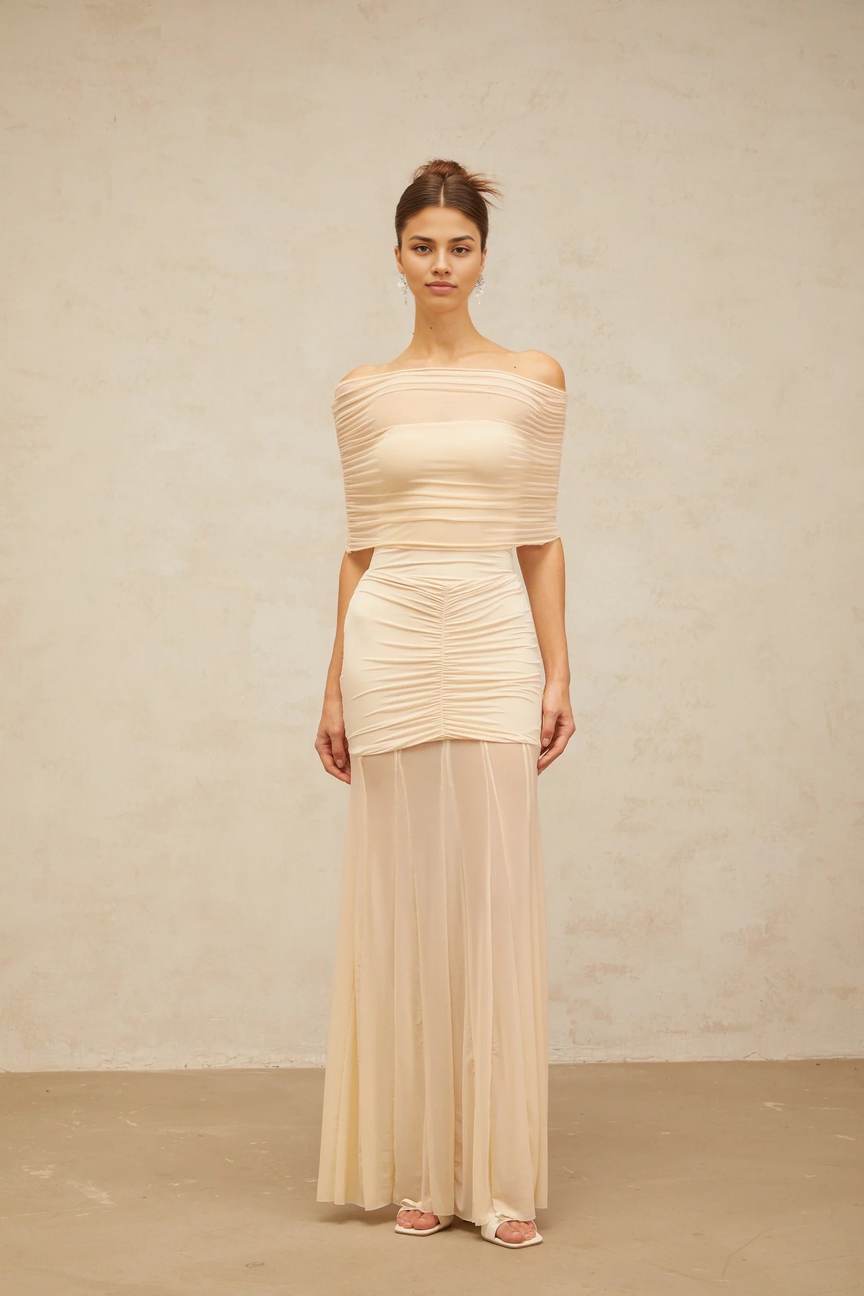 Cream Off - Shoulder Ruched Maxi Dress neutrals tulle-panel smocked maxi dress Evening Dress