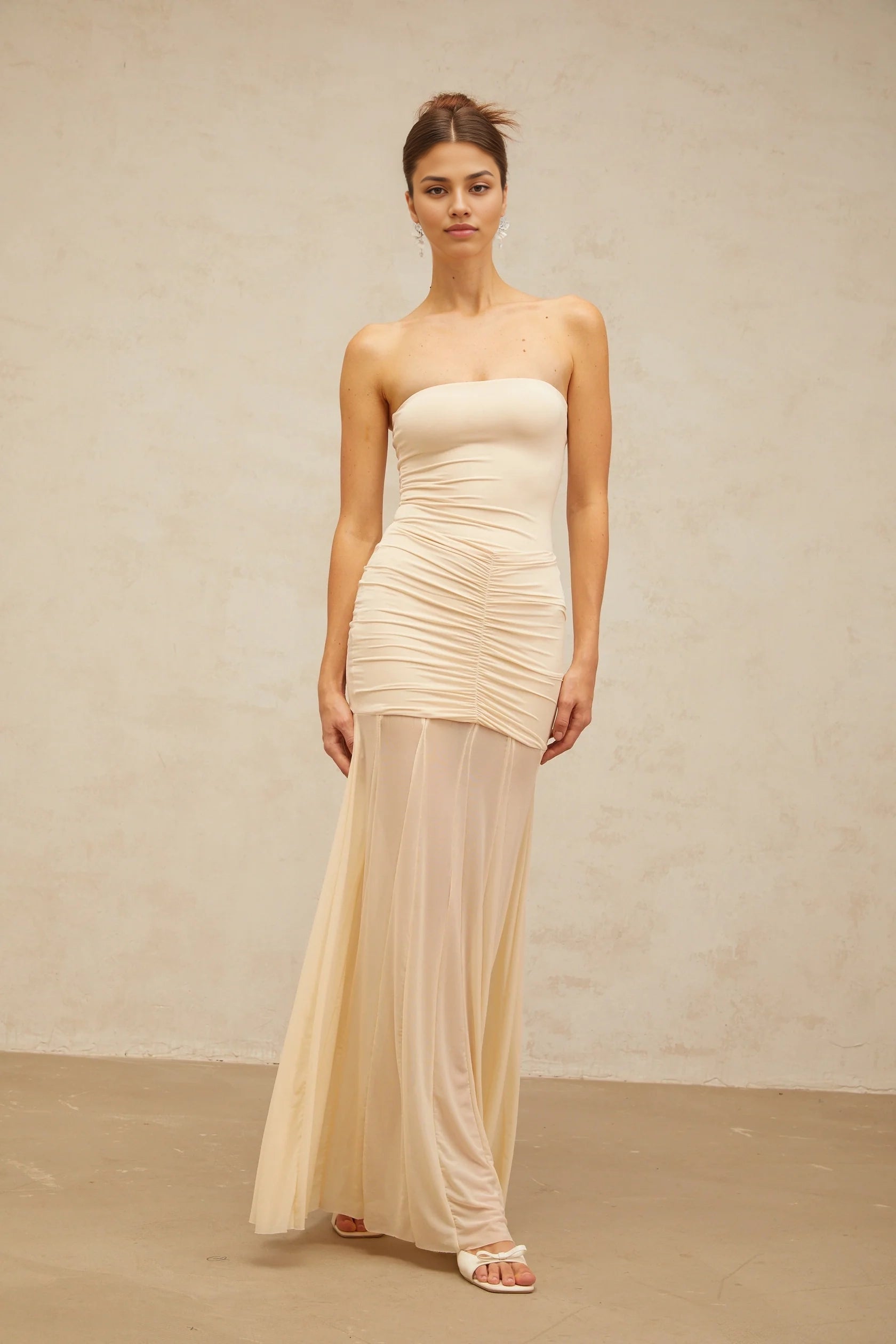 Cream Off - Shoulder Ruched Maxi Dress neutrals tulle-panel smocked maxi dress Evening Dress