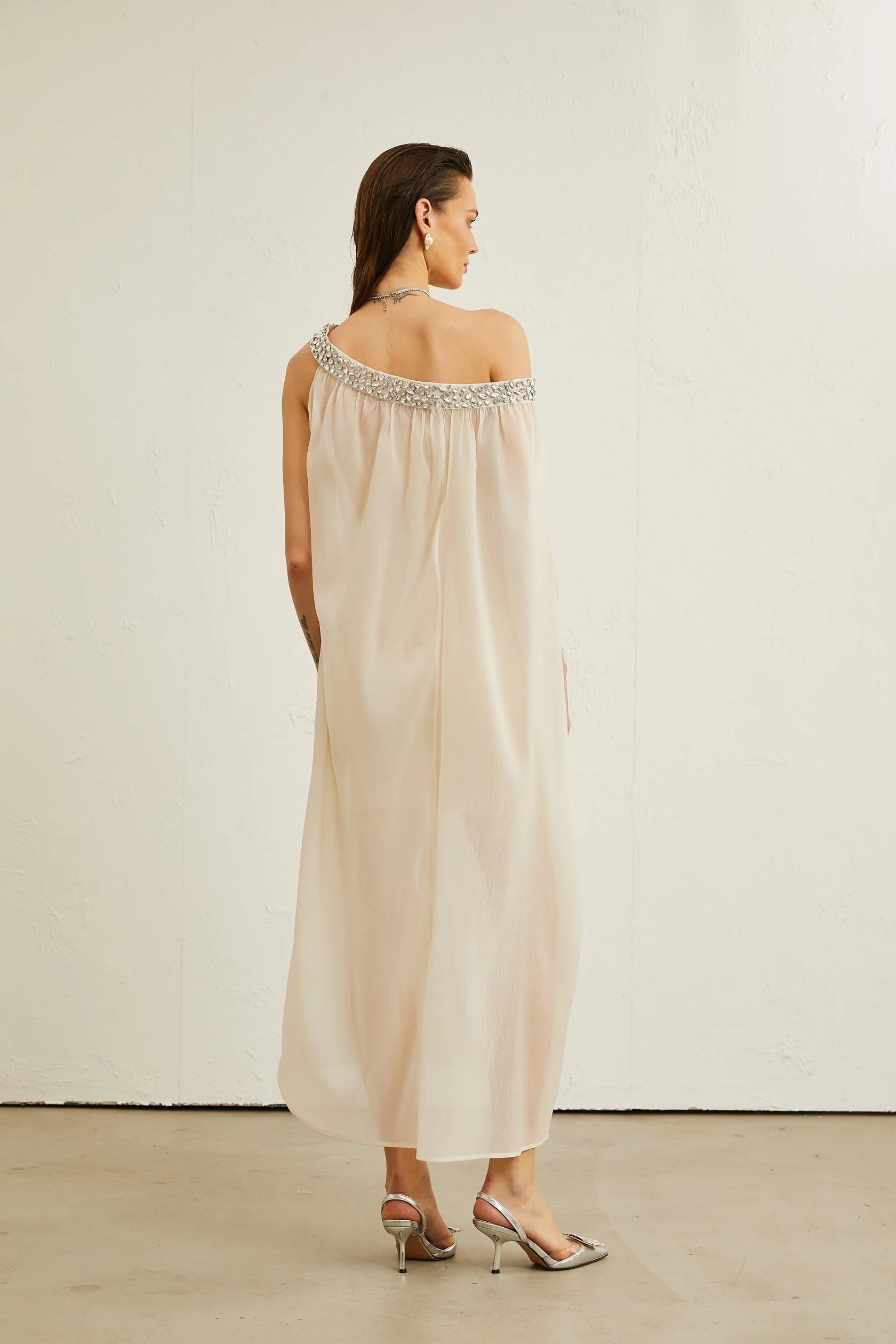 Cream One - Shoulder Maxi Dress with Crystal Embellishment Austen crystal-embellished semi-sheer midi dress Evening Dress