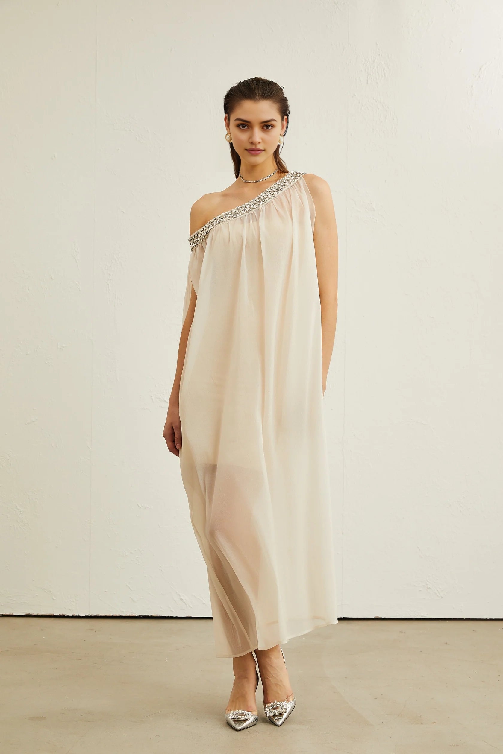 Cream One - Shoulder Maxi Dress with Crystal Embellishment Austen crystal-embellished semi-sheer midi dress Evening Dress