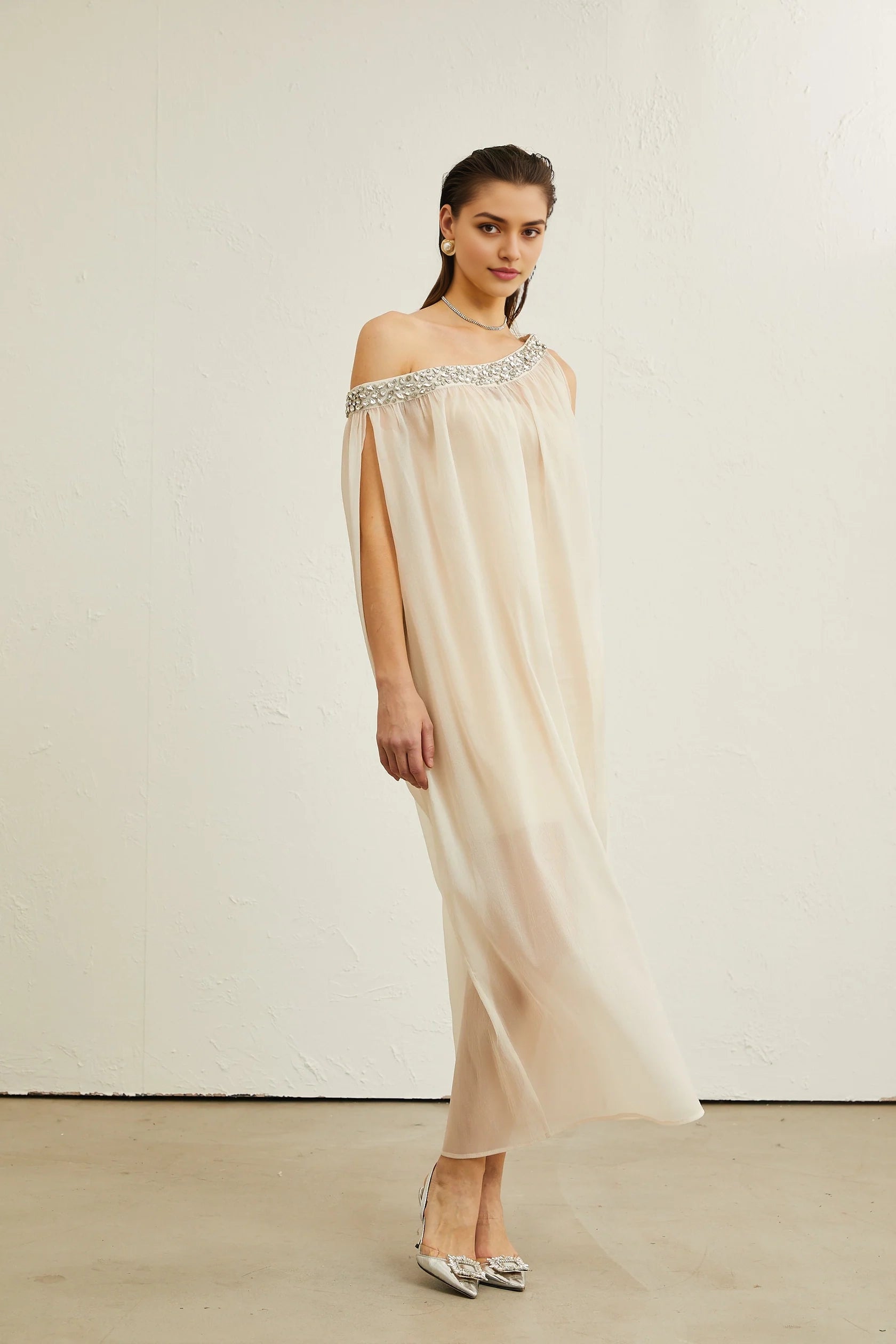 Cream One - Shoulder Maxi Dress with Crystal Embellishment Austen crystal-embellished semi-sheer midi dress Evening Dress