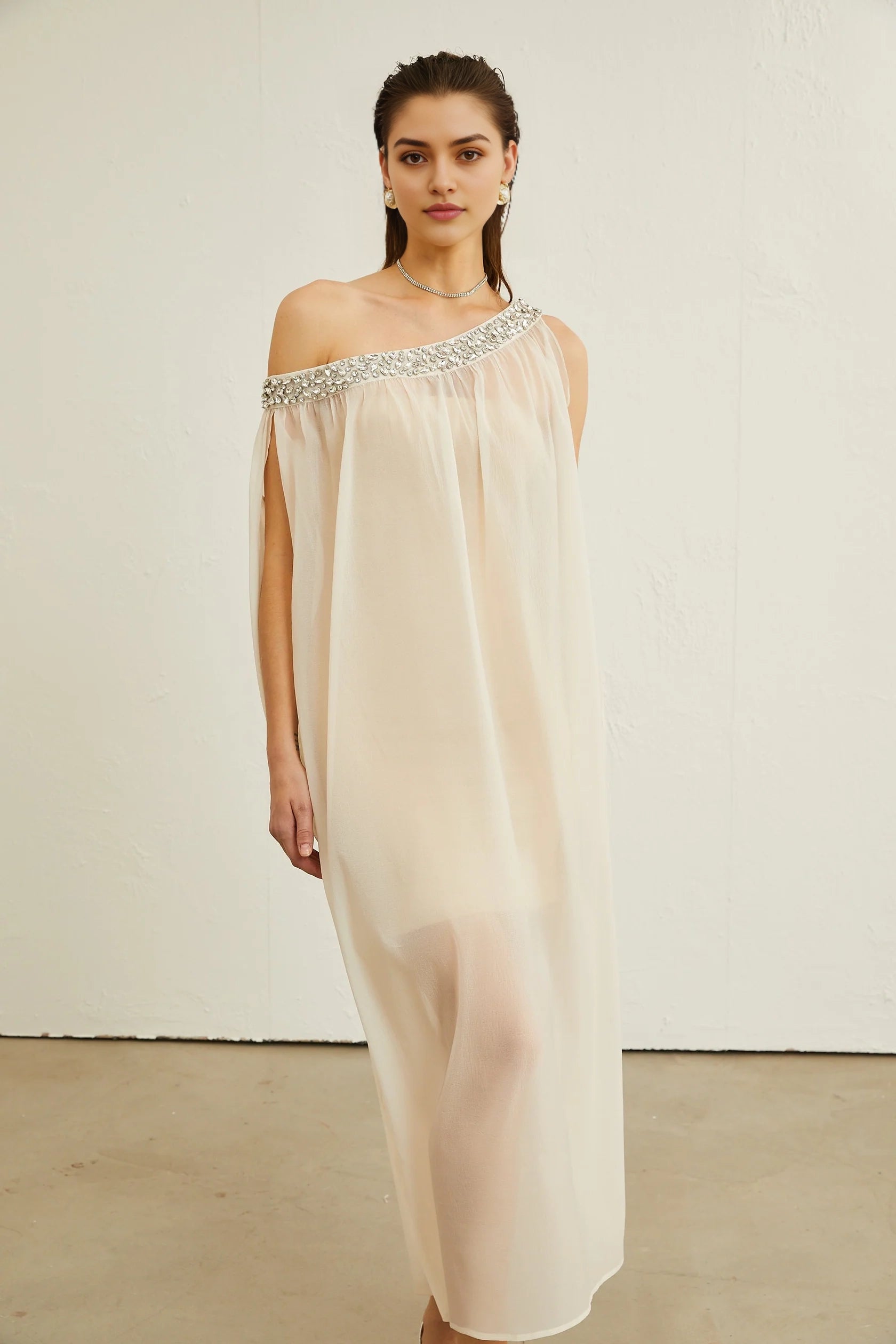 Cream One - Shoulder Maxi Dress with Crystal Embellishment Austen crystal-embellished semi-sheer midi dress Evening Dress