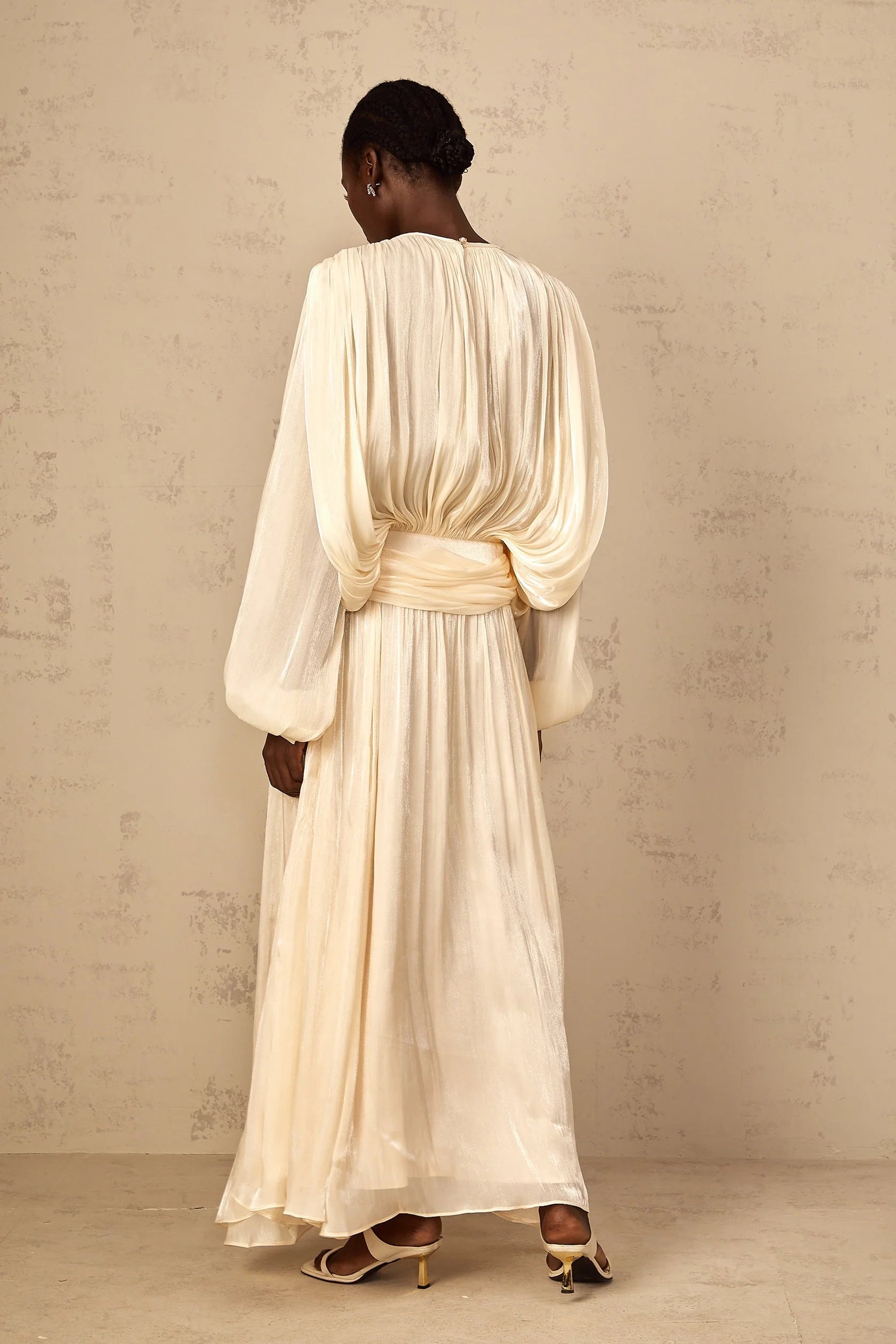 Cream Pleated Lantern Sleeve Maxi Dress Pleated Ruffle Maxi Dress in Neutral Evening Dress