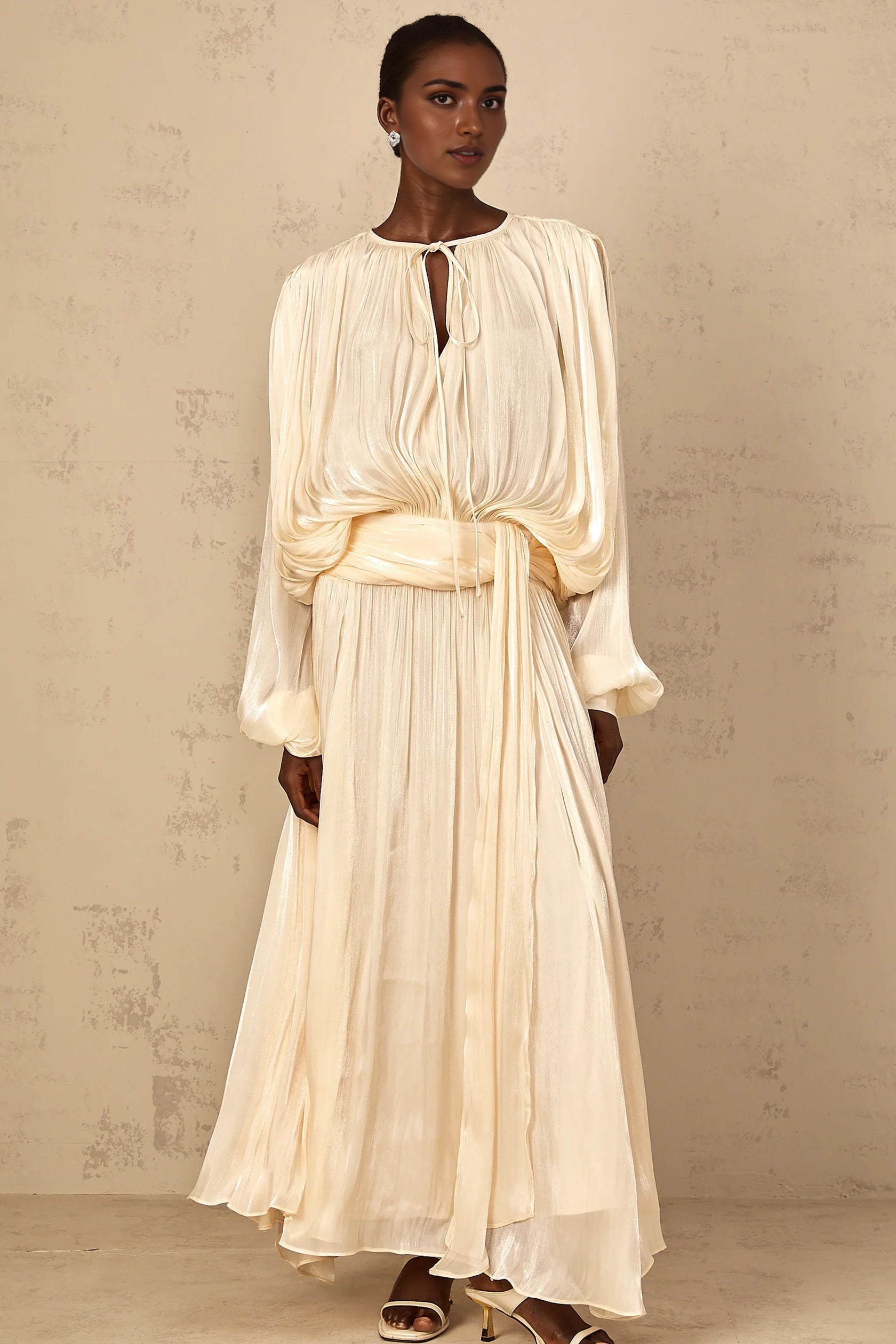 Cream Pleated Lantern Sleeve Maxi Dress Pleated Ruffle Maxi Dress in Neutral Evening Dress