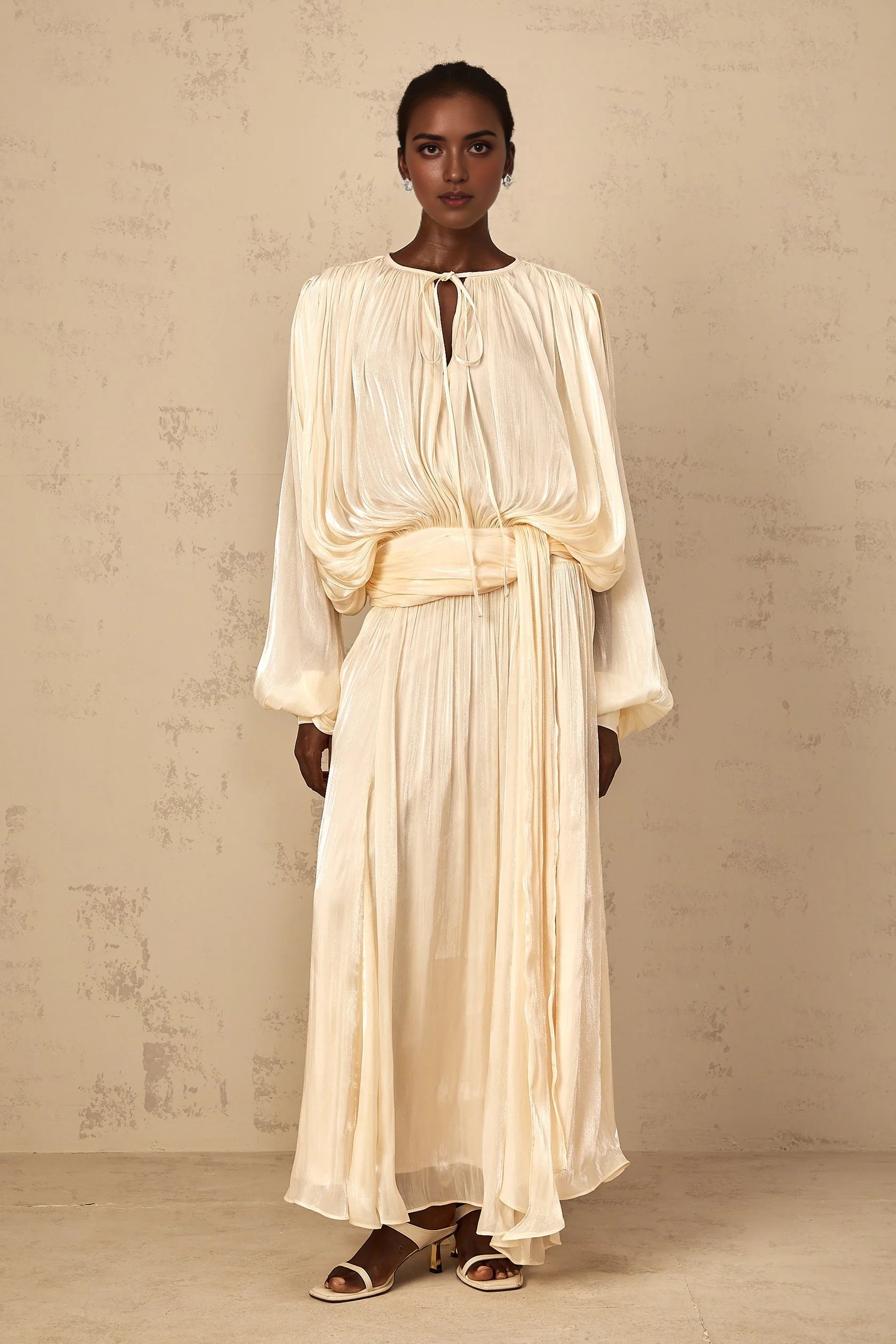 Cream Pleated Lantern Sleeve Maxi Dress Pleated Ruffle Maxi Dress in Neutral Evening Dress