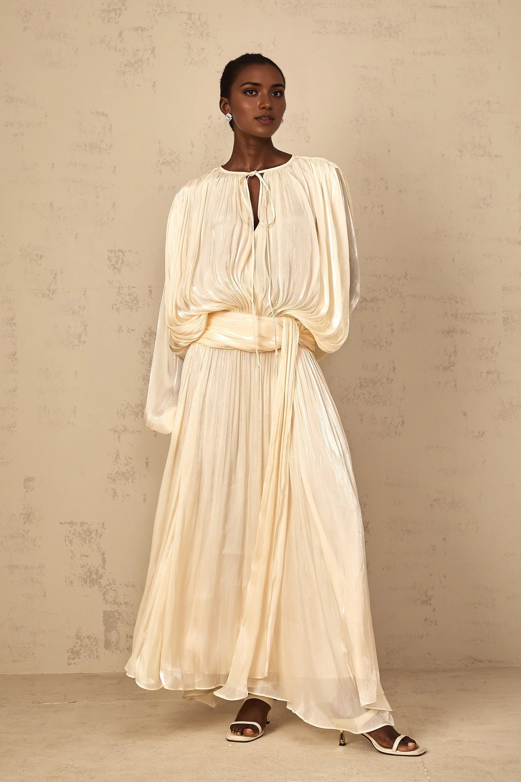 Cream Pleated Lantern Sleeve Maxi Dress Pleated Ruffle Maxi Dress in Neutral Evening Dress