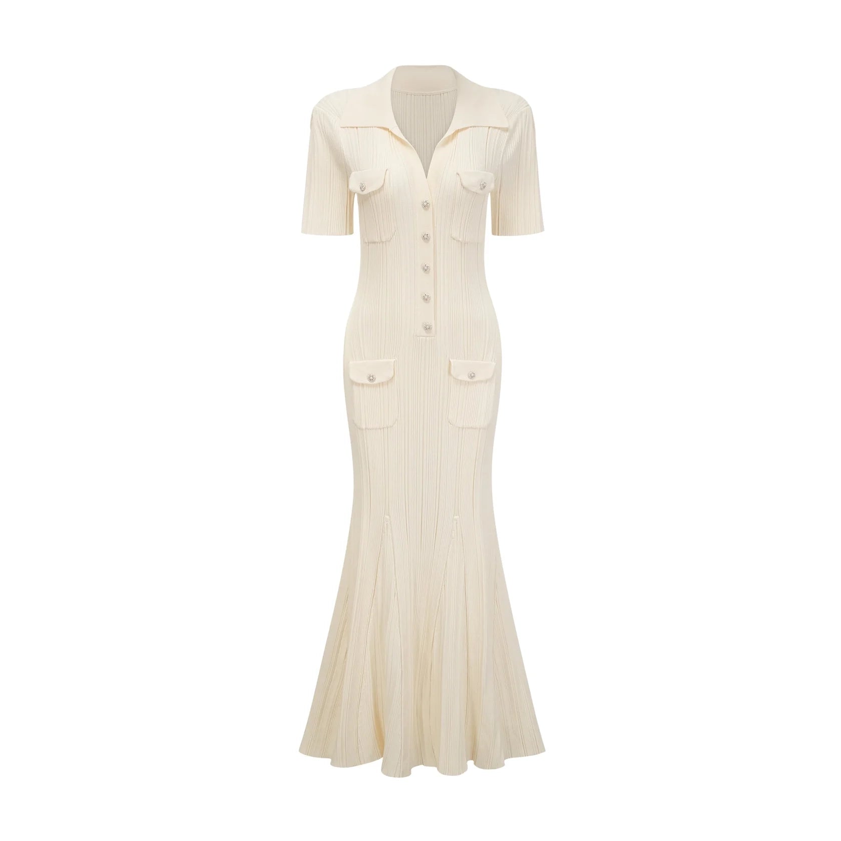 Cream Ribbed Knit Maxi Dress with Collar and Jewel Buttons Nouria neutrals ribbed-knit midi dress Evening Dress