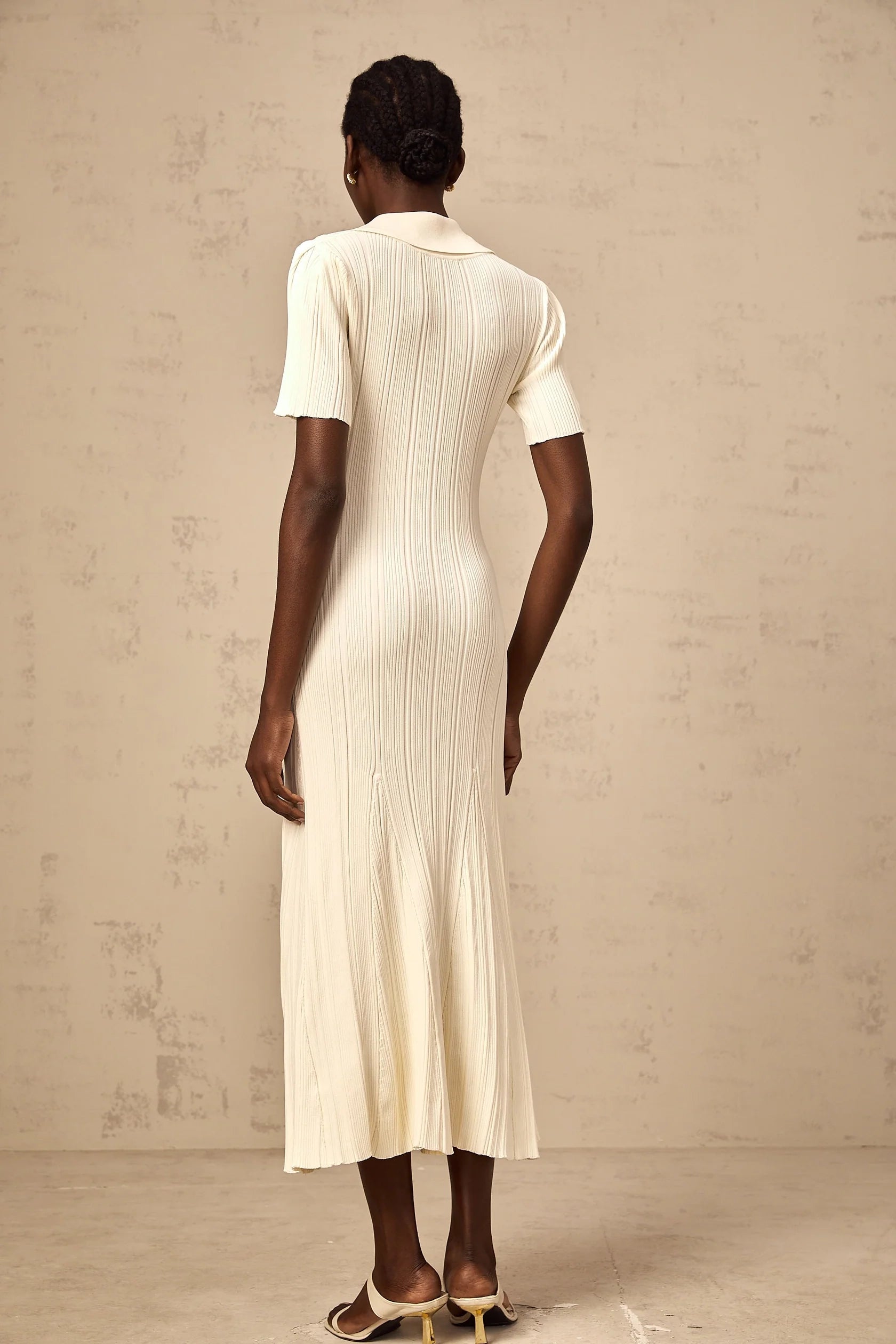 Cream Ribbed Knit Maxi Dress with Collar and Jewel Buttons Nouria neutrals ribbed-knit midi dress Evening Dress