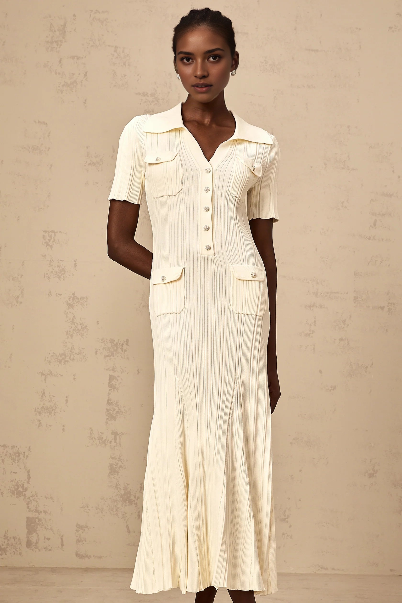 Cream Ribbed Knit Maxi Dress with Collar and Jewel Buttons Nouria neutrals ribbed-knit midi dress Evening Dress