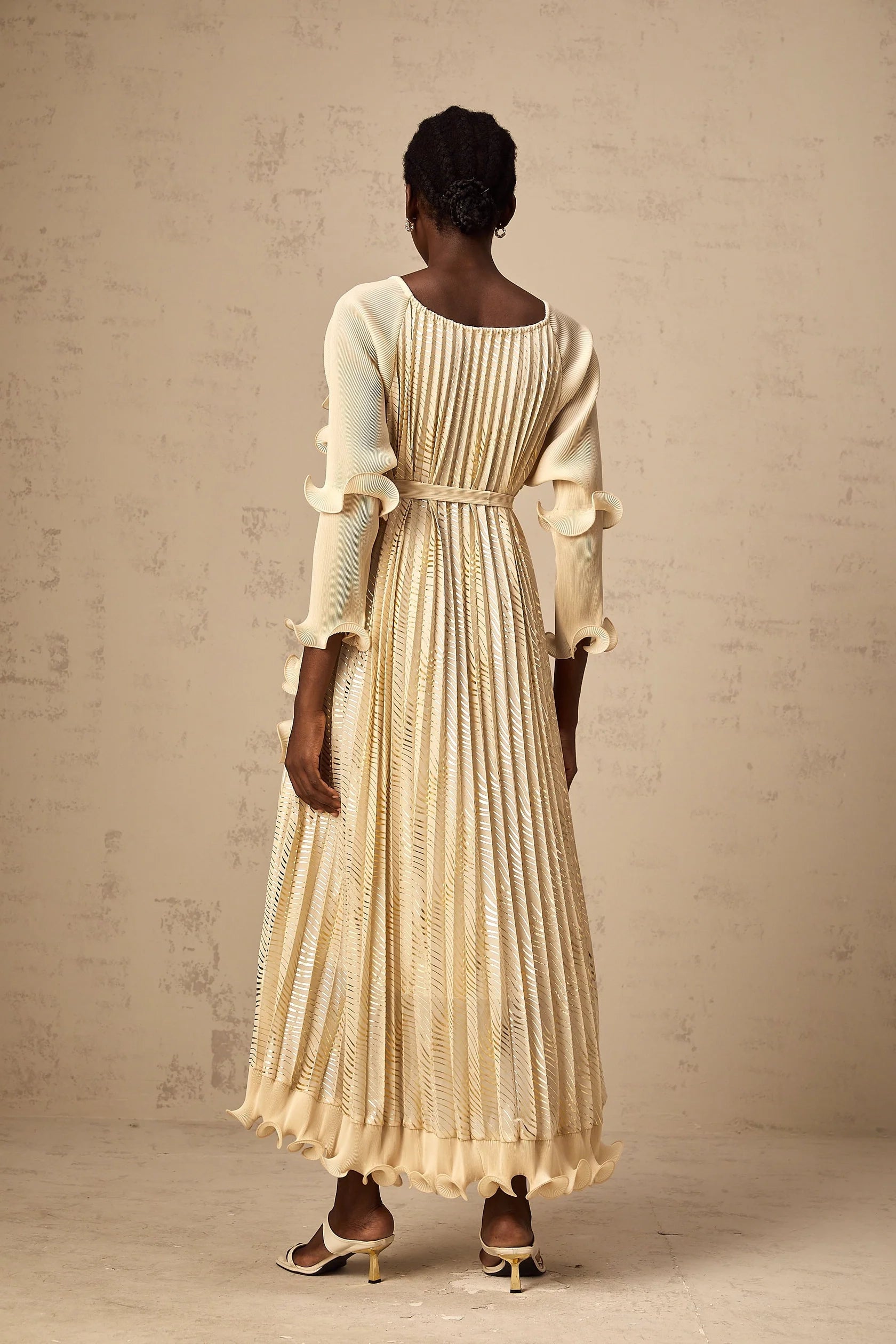 Cream Ruffled Maxi Dress with Metallic Pleats Ellie neutrals gilded ruffled midi dress Evening Dress