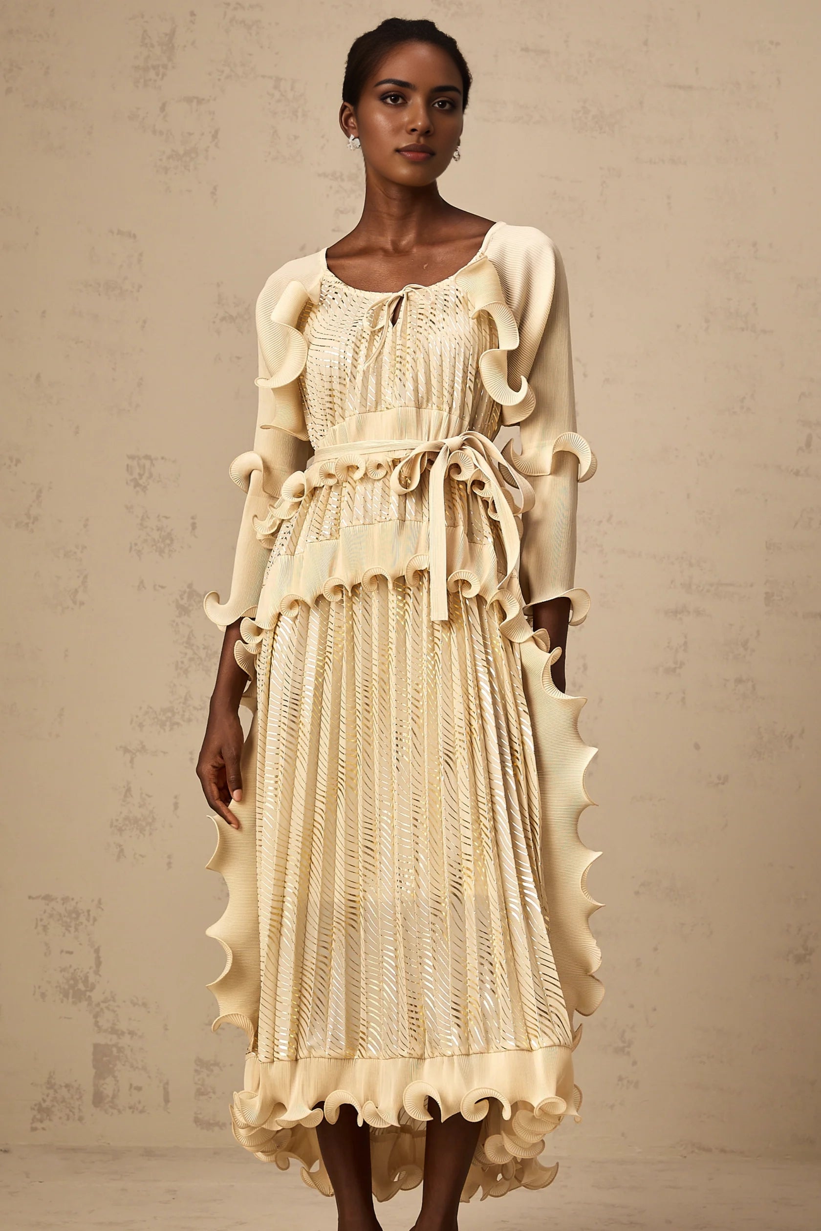 Cream Ruffled Maxi Dress with Metallic Pleats Ellie neutrals gilded ruffled midi dress Evening Dress