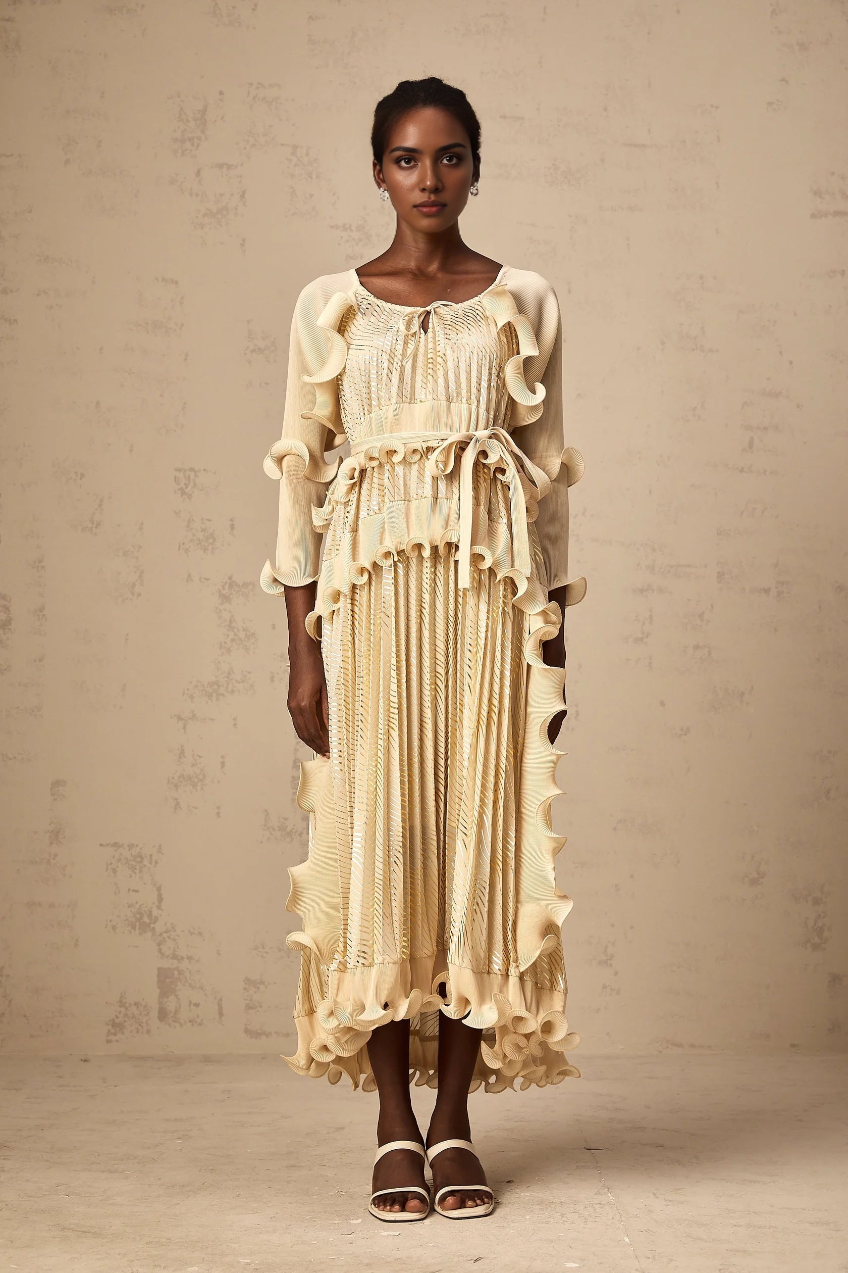 Cream Ruffled Maxi Dress with Metallic Pleats Ellie neutrals gilded ruffled midi dress Evening Dress