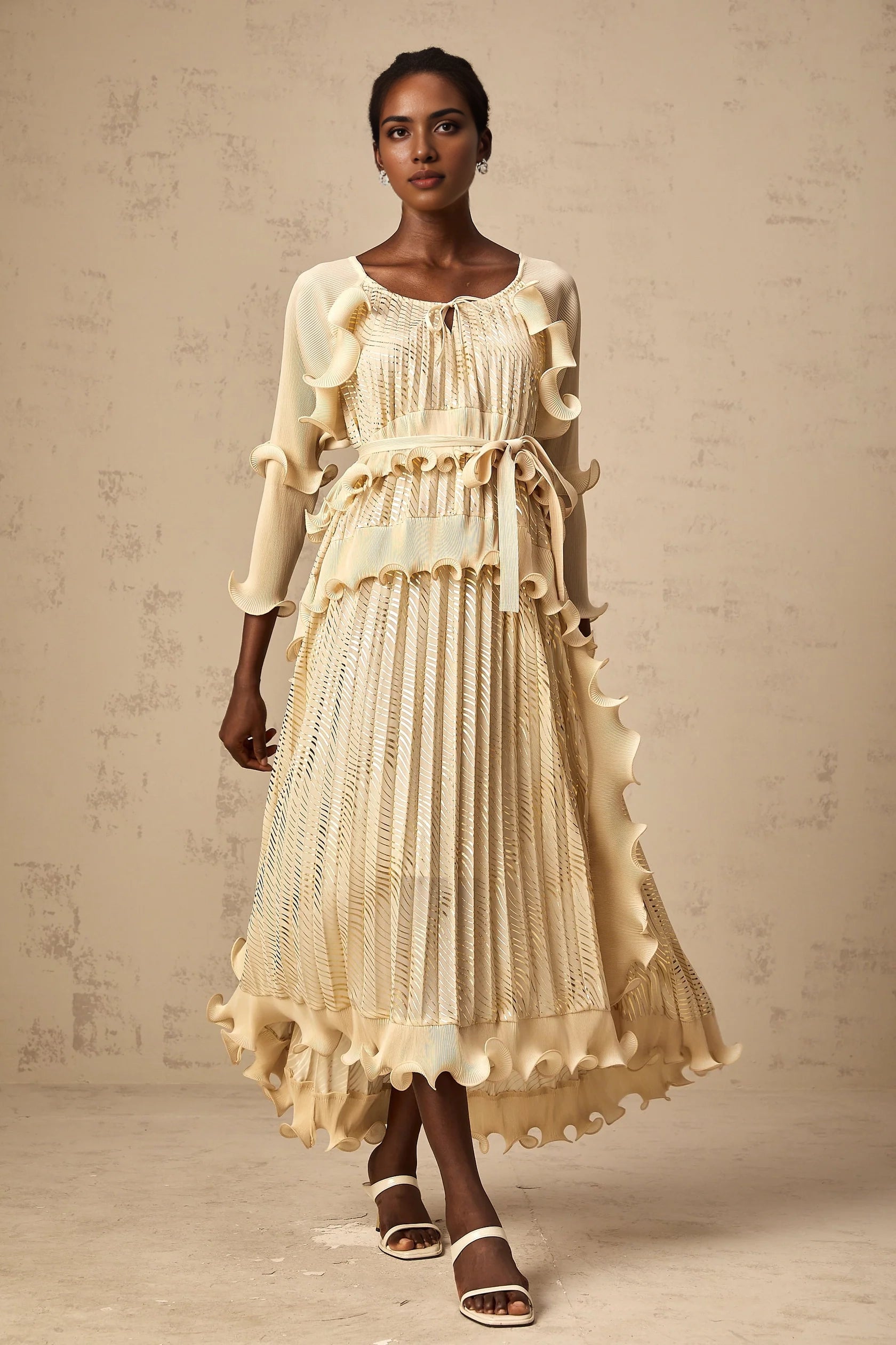Cream Ruffled Maxi Dress with Metallic Pleats Ellie neutrals gilded ruffled midi dress Evening Dress