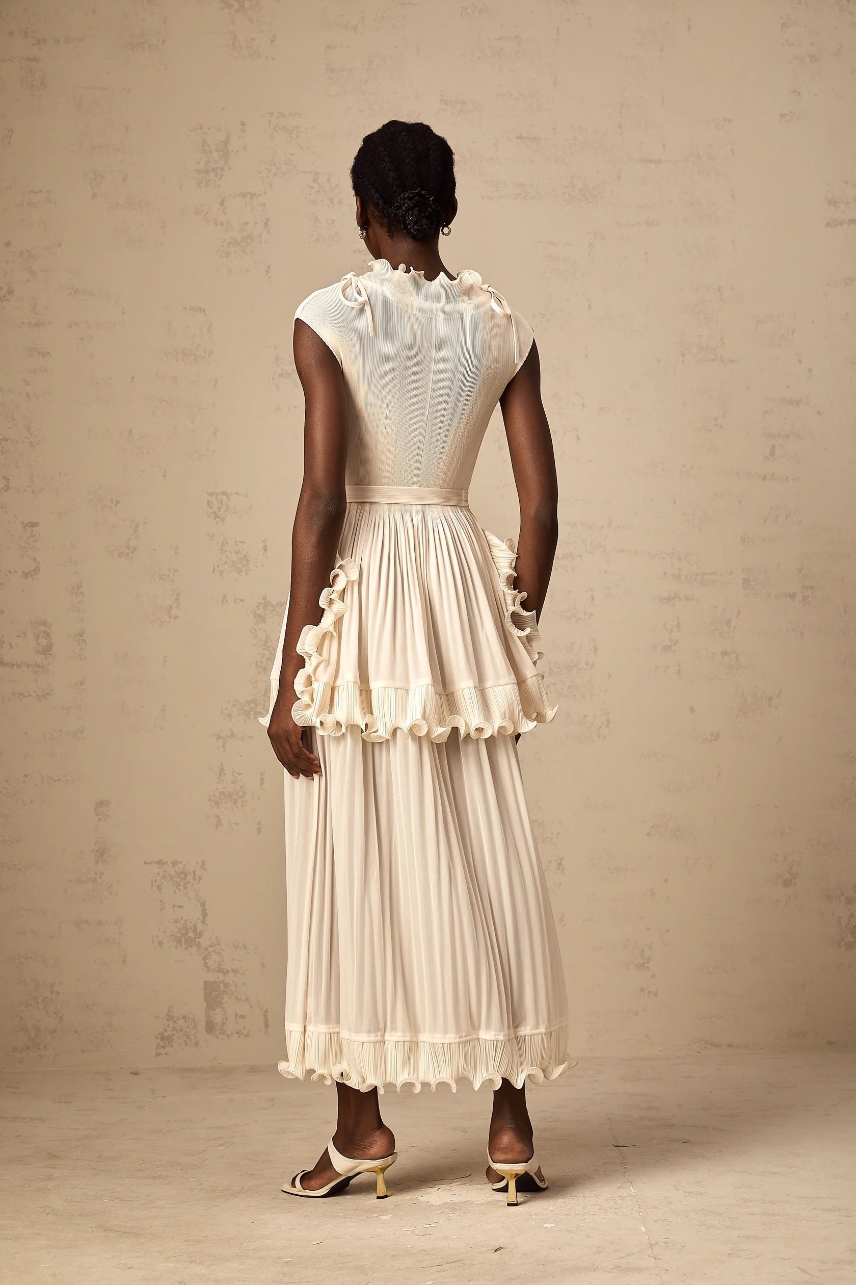 Cream Ruffled Pleated Midi Dress with Tie Belt Diana white ruffle pleated sleeveless maxi dress Evening Dress