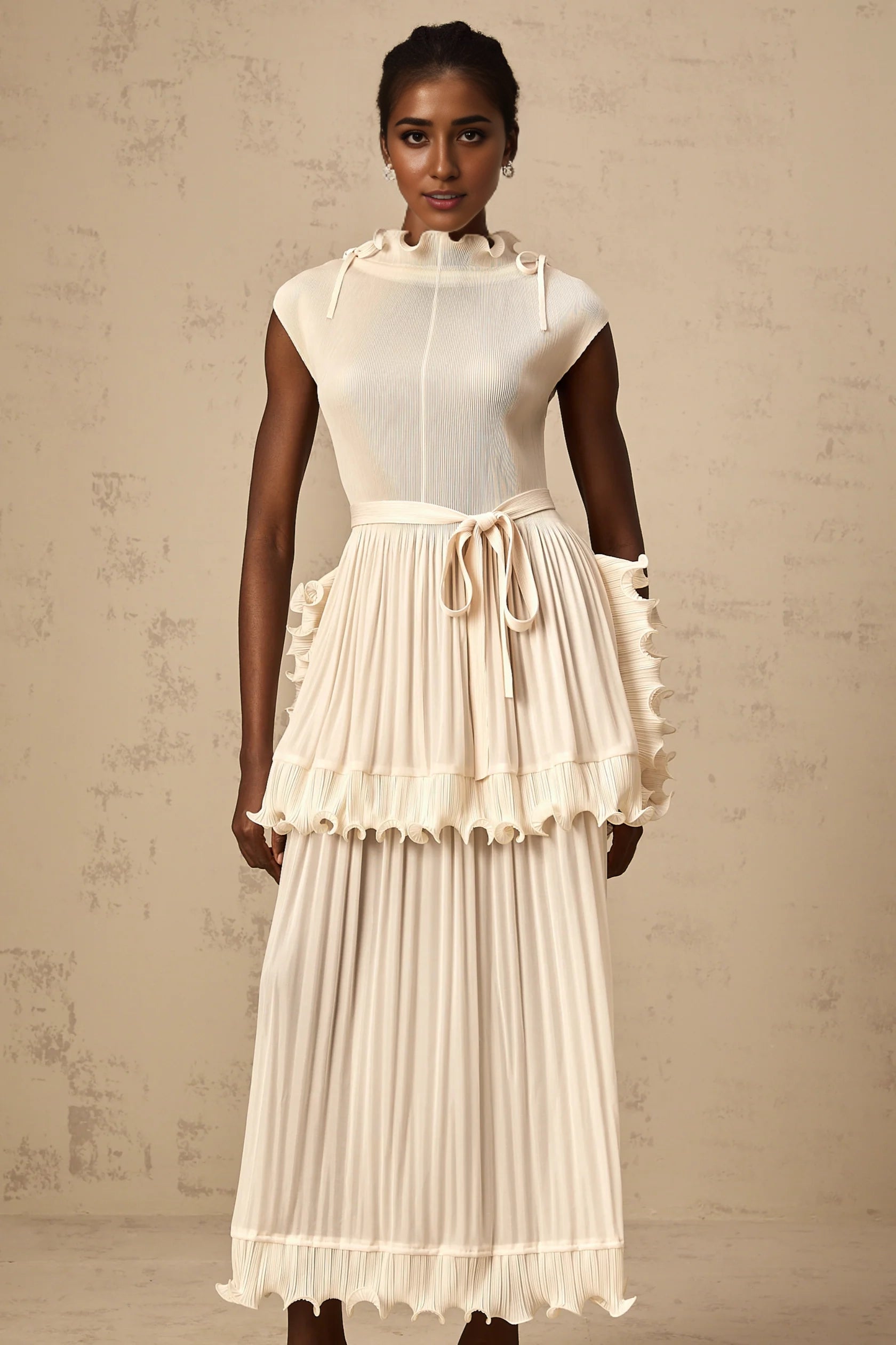 Cream Ruffled Pleated Midi Dress with Tie Belt Diana white ruffle pleated sleeveless maxi dress Evening Dress