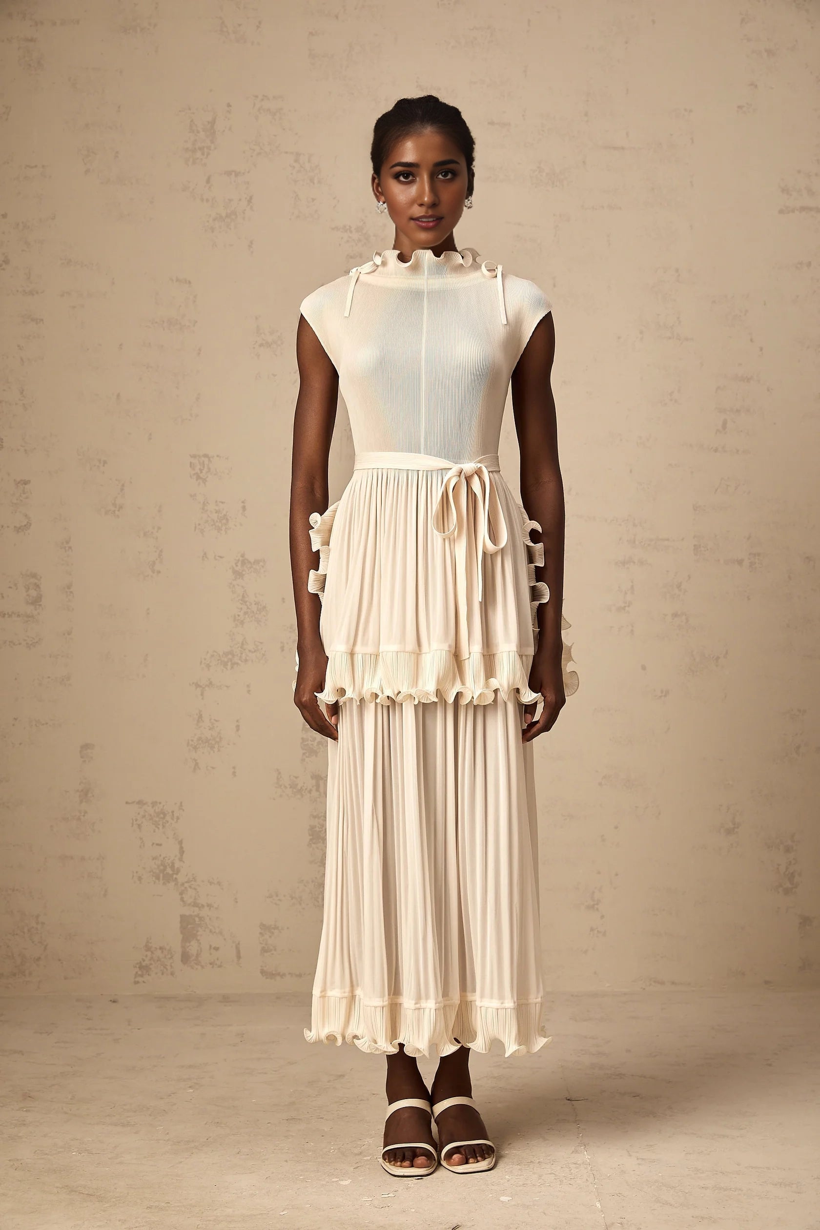 Cream Ruffled Pleated Midi Dress with Tie Belt Diana white ruffle pleated sleeveless maxi dress Evening Dress