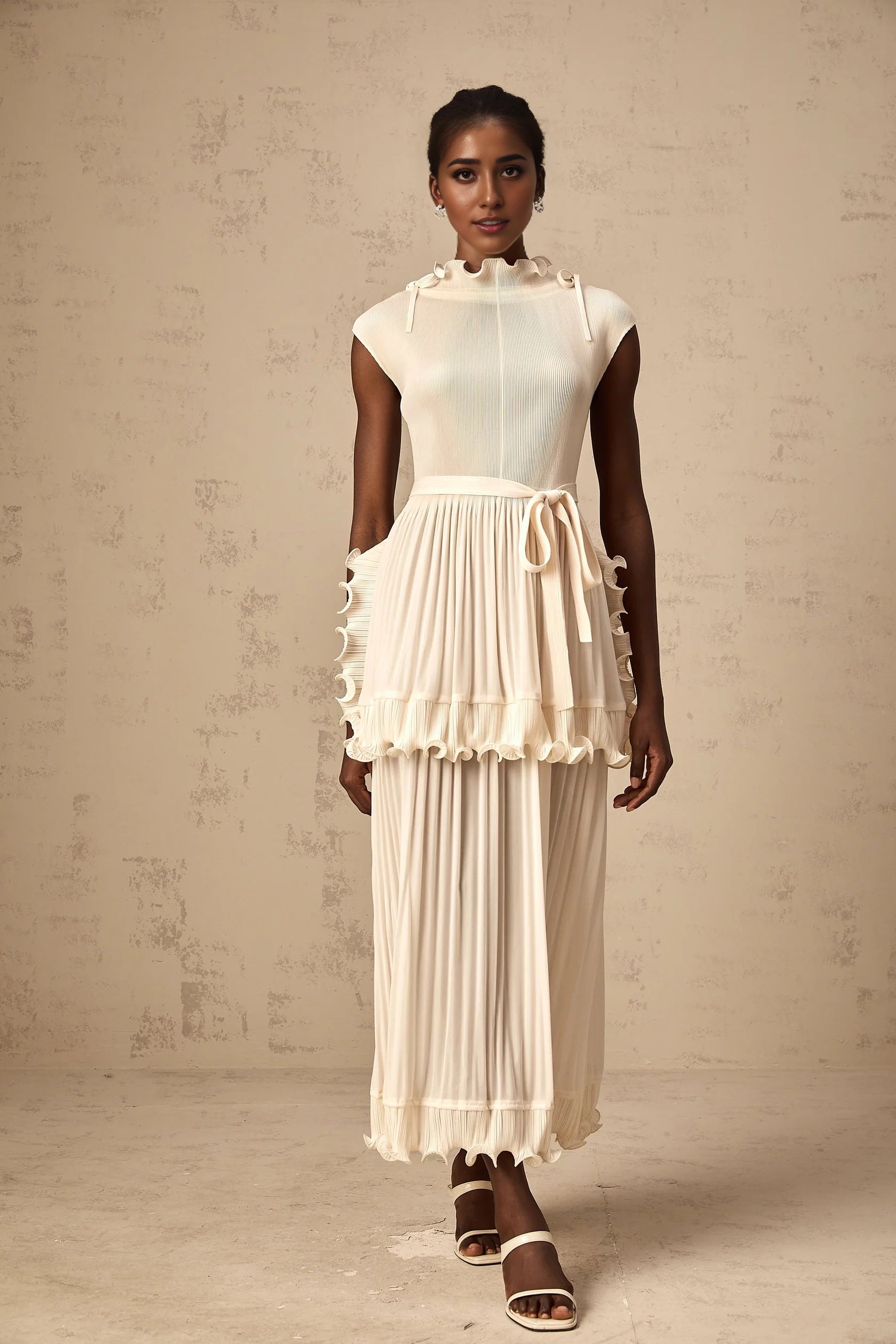 Cream Ruffled Pleated Midi Dress with Tie Belt Diana white ruffle pleated sleeveless maxi dress Evening Dress