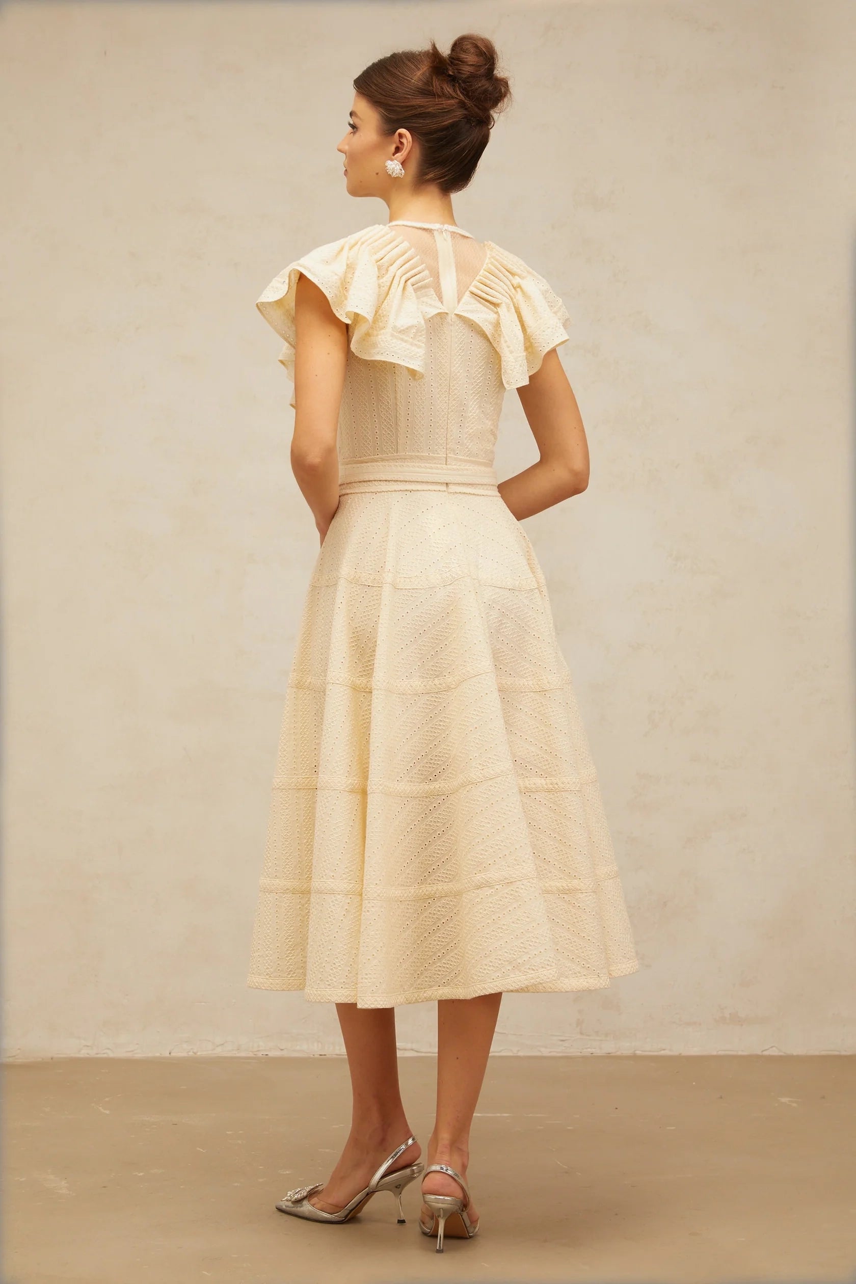 Cream Ruffled Sleeve Midi Dress with Eyelet Detailing neutrals belted pointelle-trim ruffled midi dress Evening Dress