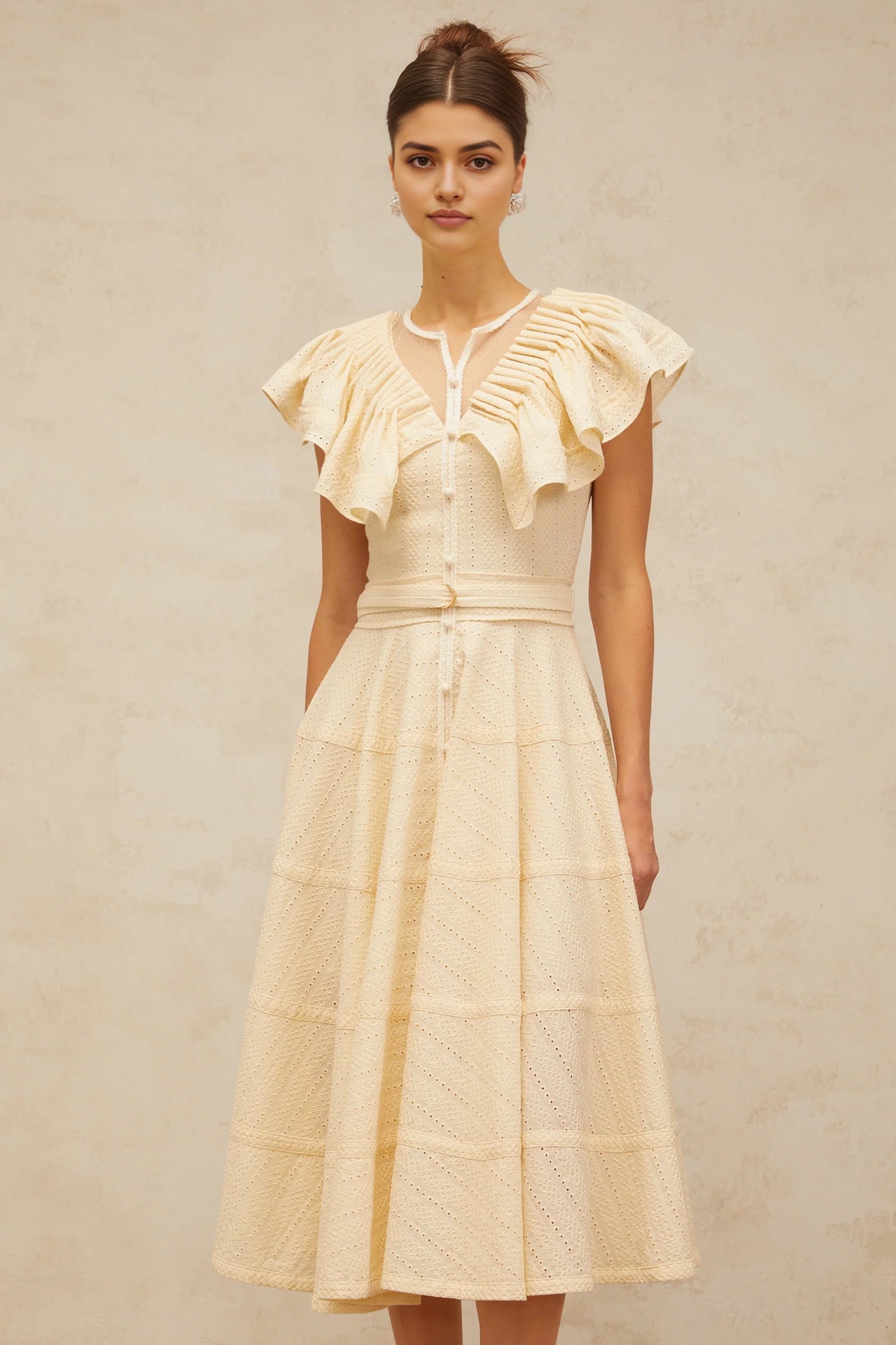 Cream Ruffled Sleeve Midi Dress with Eyelet Detailing neutrals belted pointelle-trim ruffled midi dress Evening Dress