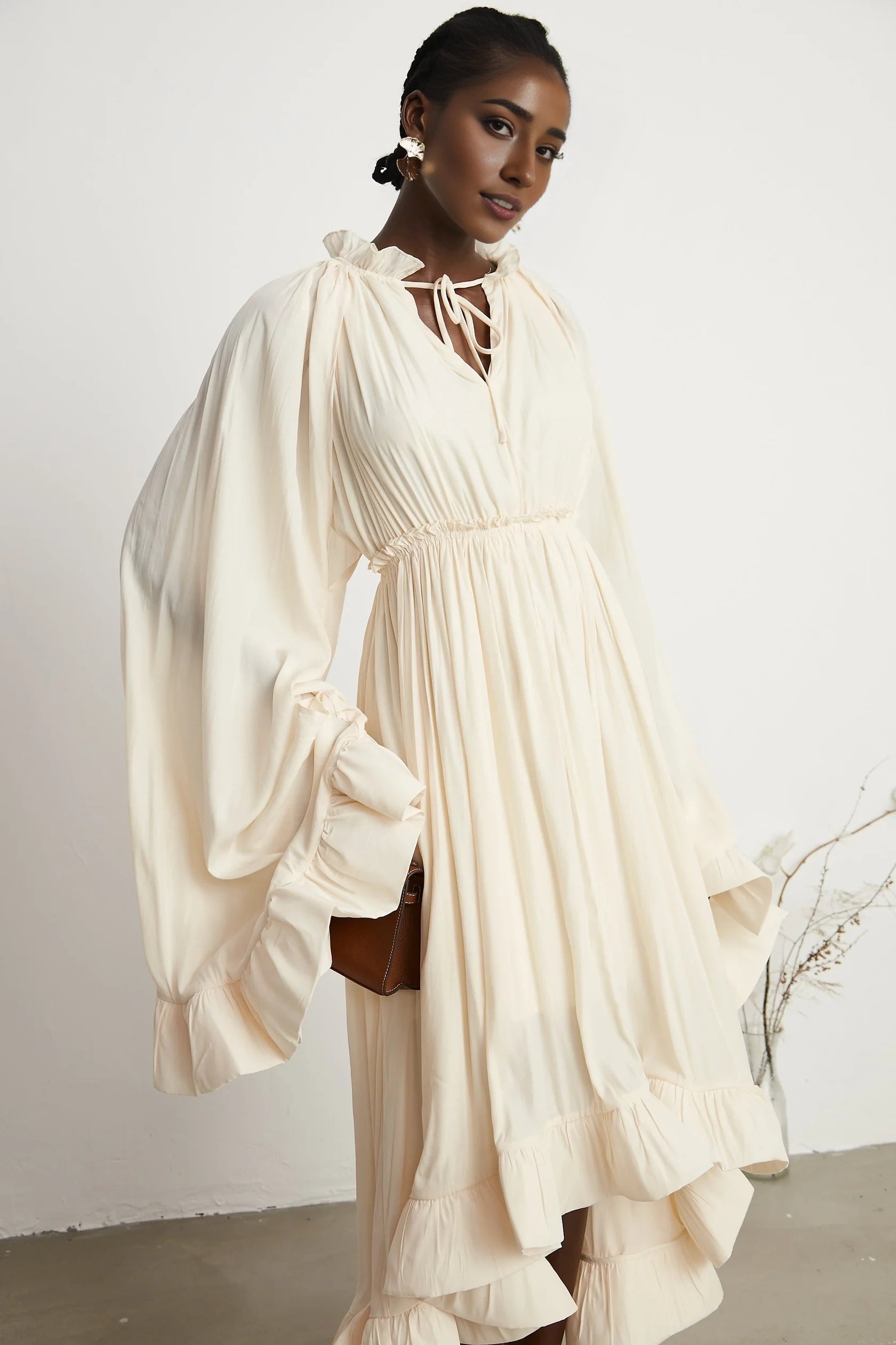 Cream Ruffled Tie - Neck Balloon Sleeve Maxi Dress Charlene cape-design midi dress Evening Dress