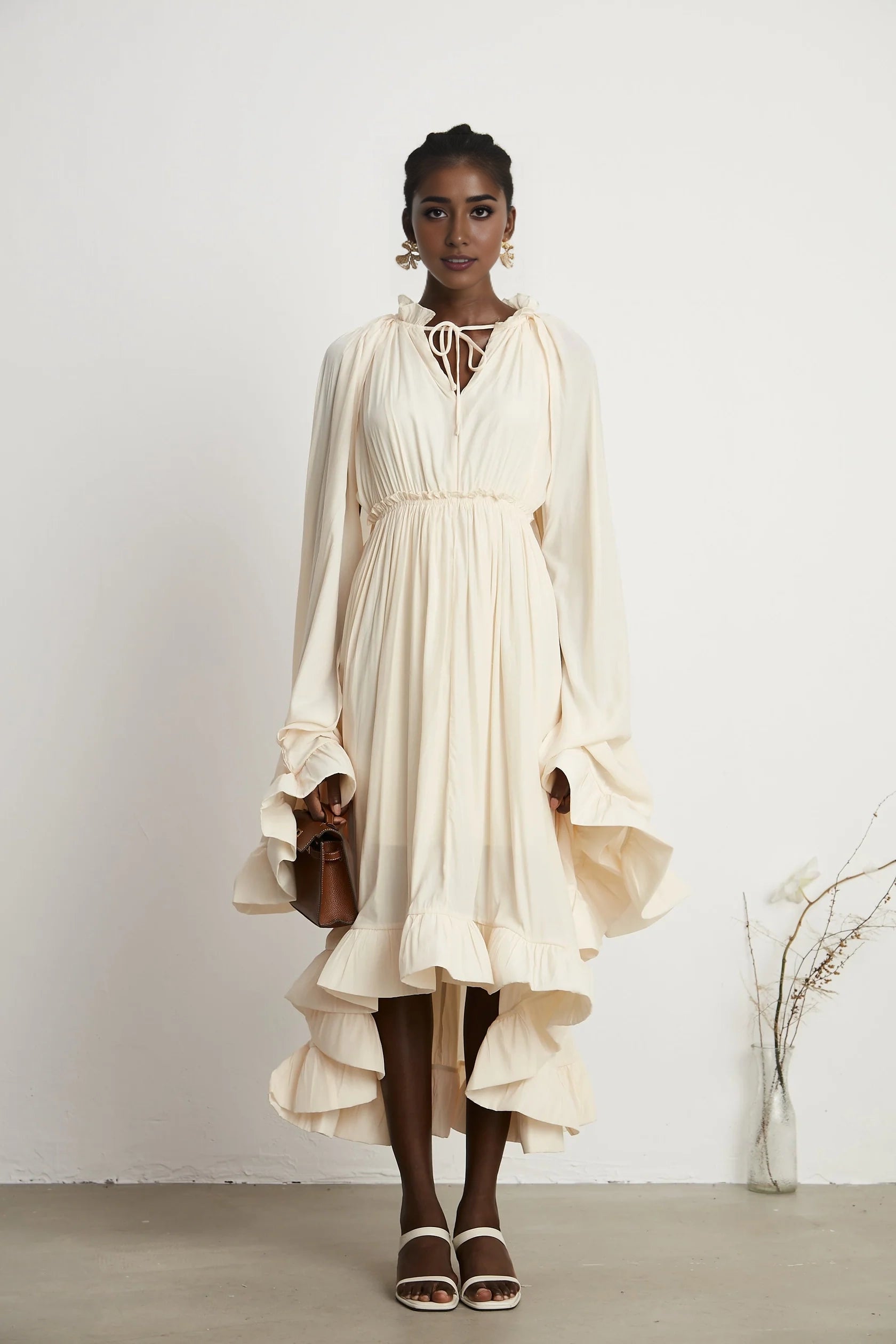 Cream Ruffled Tie - Neck Balloon Sleeve Maxi Dress Charlene cape-design midi dress Evening Dress