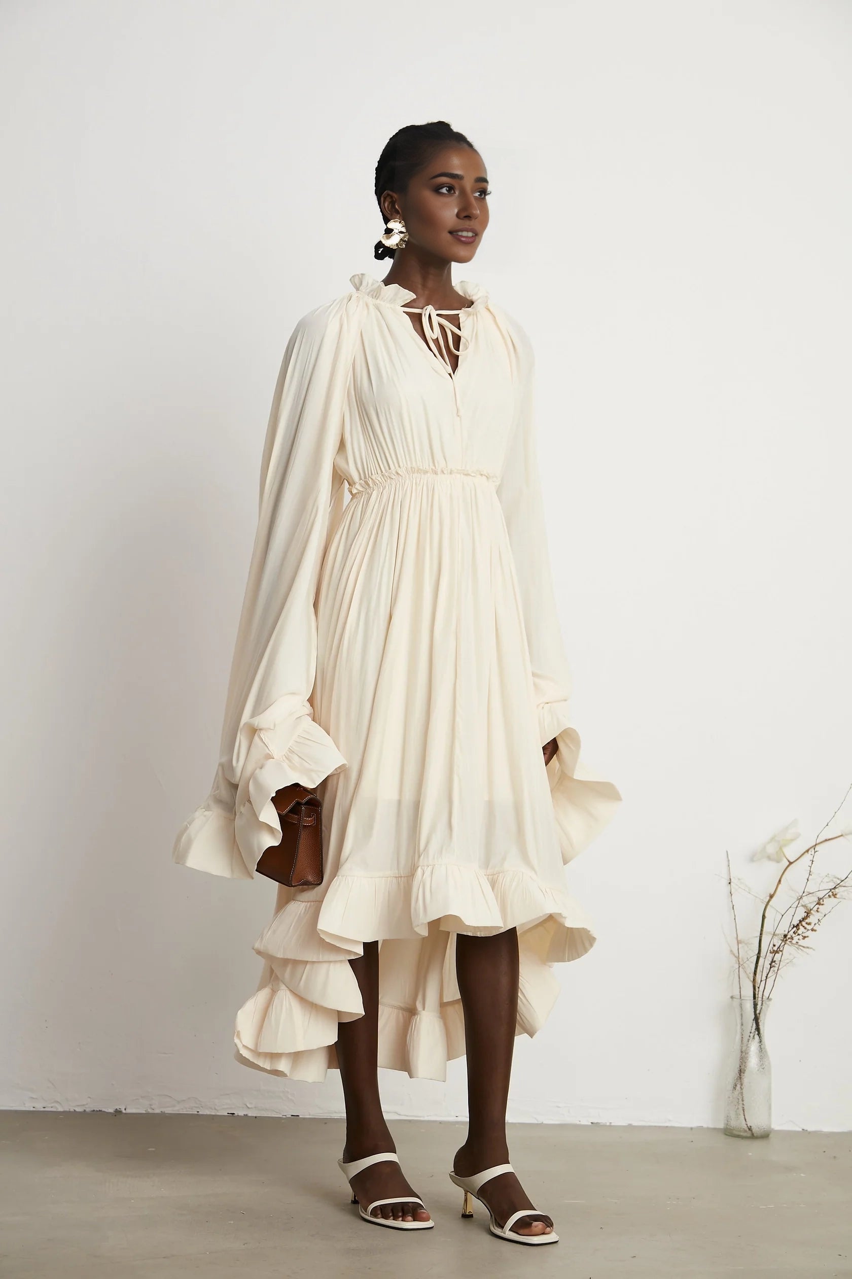 Cream Ruffled Tie - Neck Balloon Sleeve Maxi Dress Charlene cape-design midi dress Evening Dress
