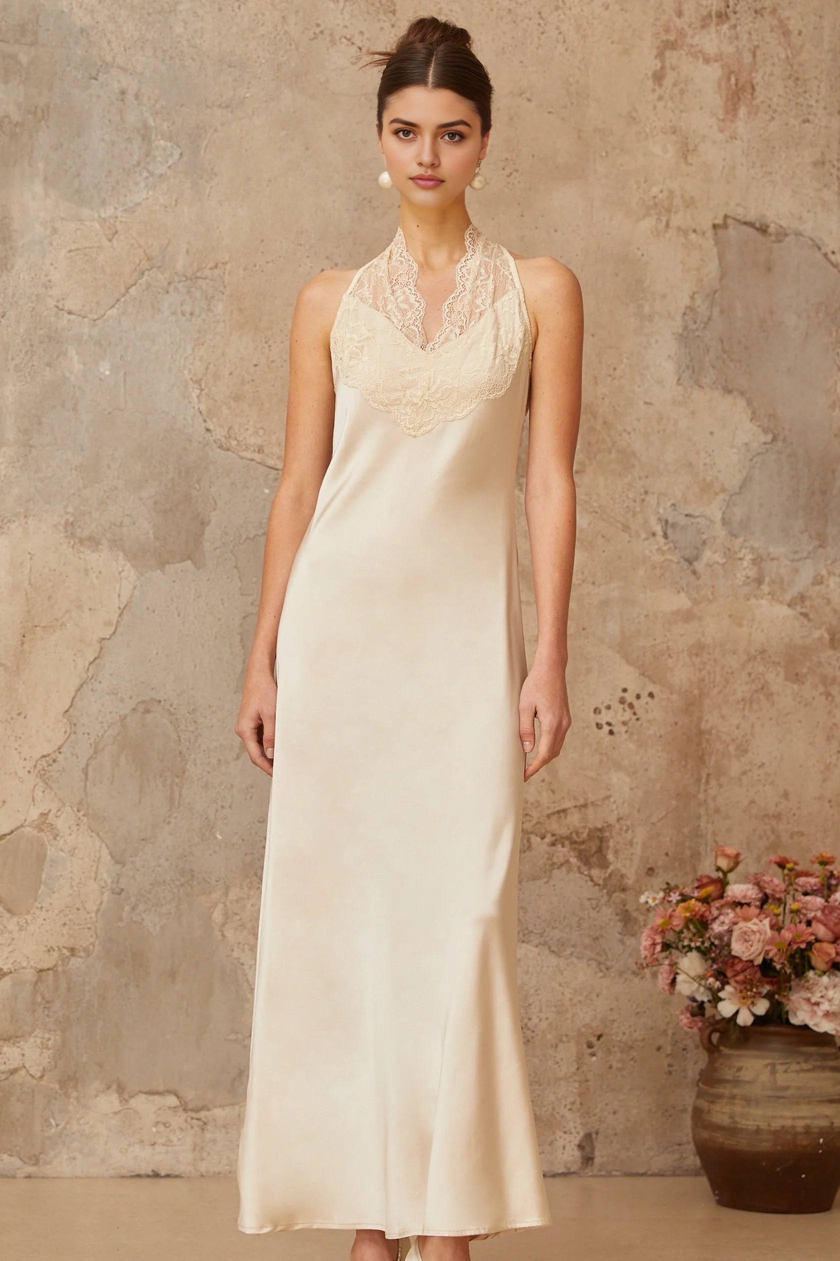 Cream Satin Halter Maxi Dress with Lace Detail Vera White Lace Trim Satin Maxi Dress Evening Dress