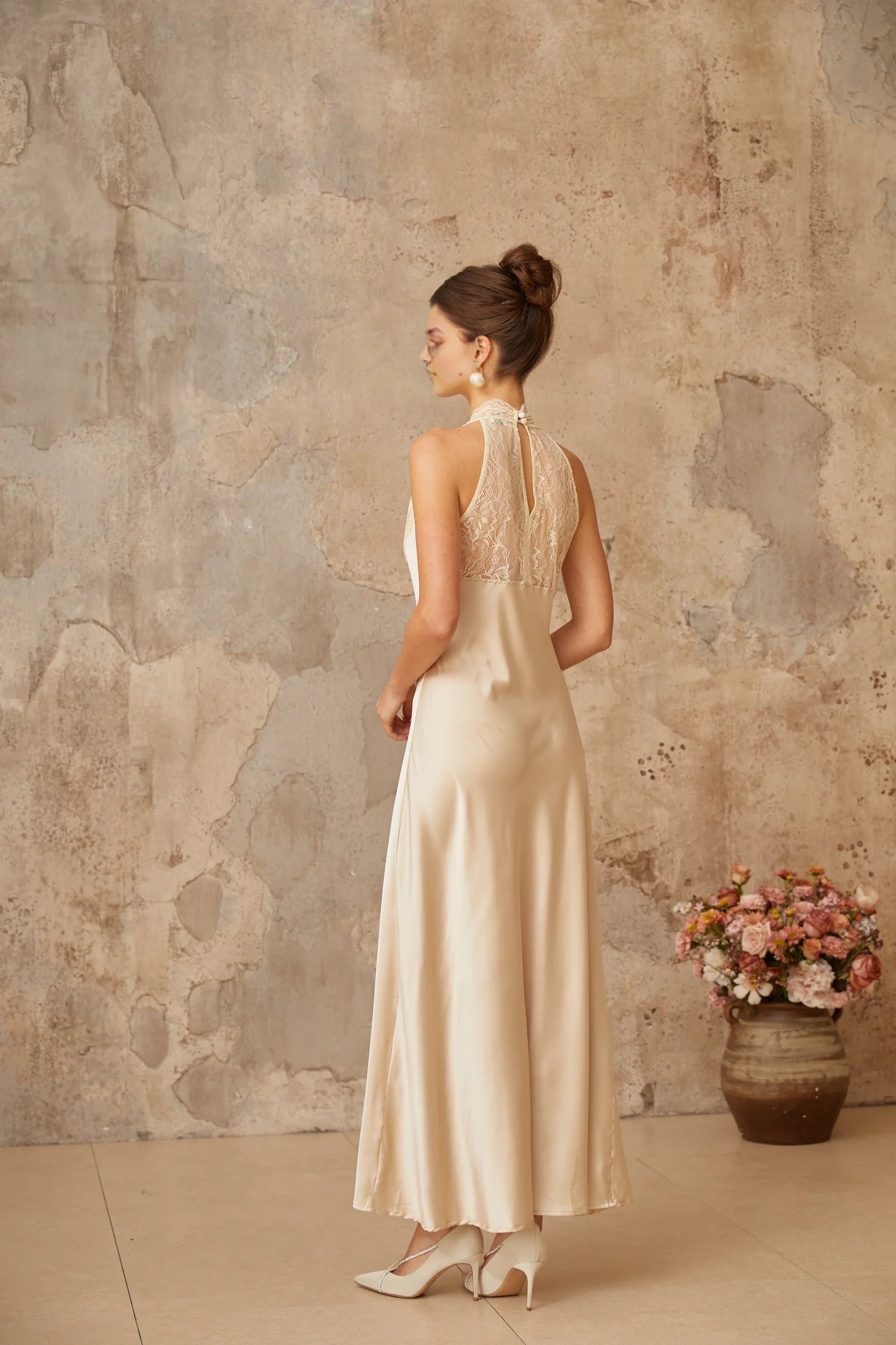 Cream Satin Halter Maxi Dress with Lace Detail Vera White Lace Trim Satin Maxi Dress Evening Dress