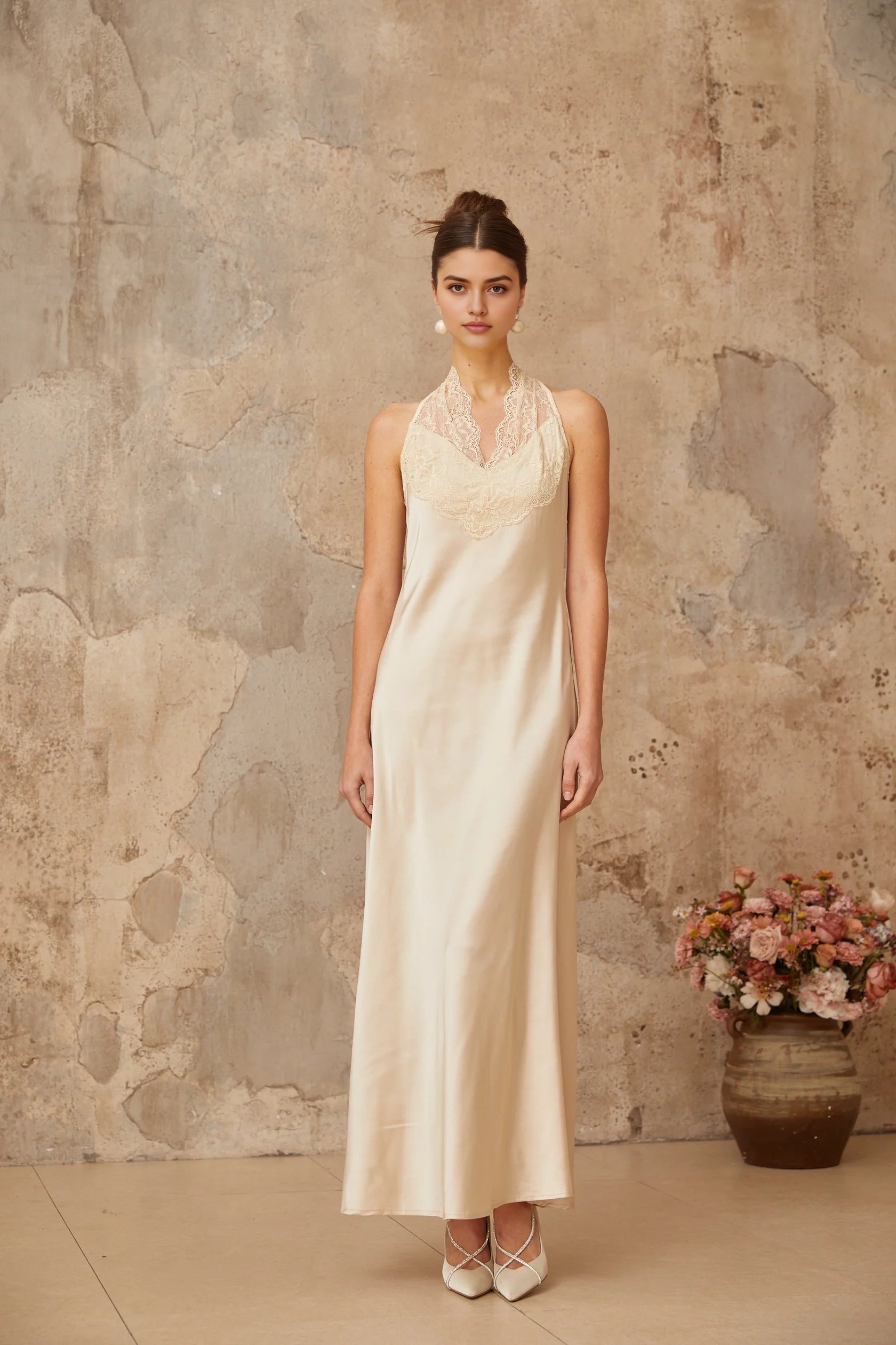 Cream Satin Halter Maxi Dress with Lace Detail Vera White Lace Trim Satin Maxi Dress Evening Dress