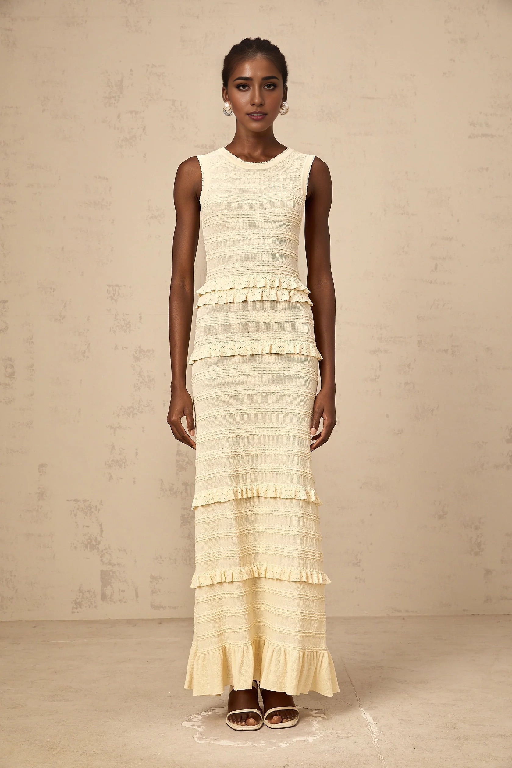 Cream Sleeveless Ruffled Tiered Maxi Dress beige ruffled sleeveless knit maxi dress Evening Dress