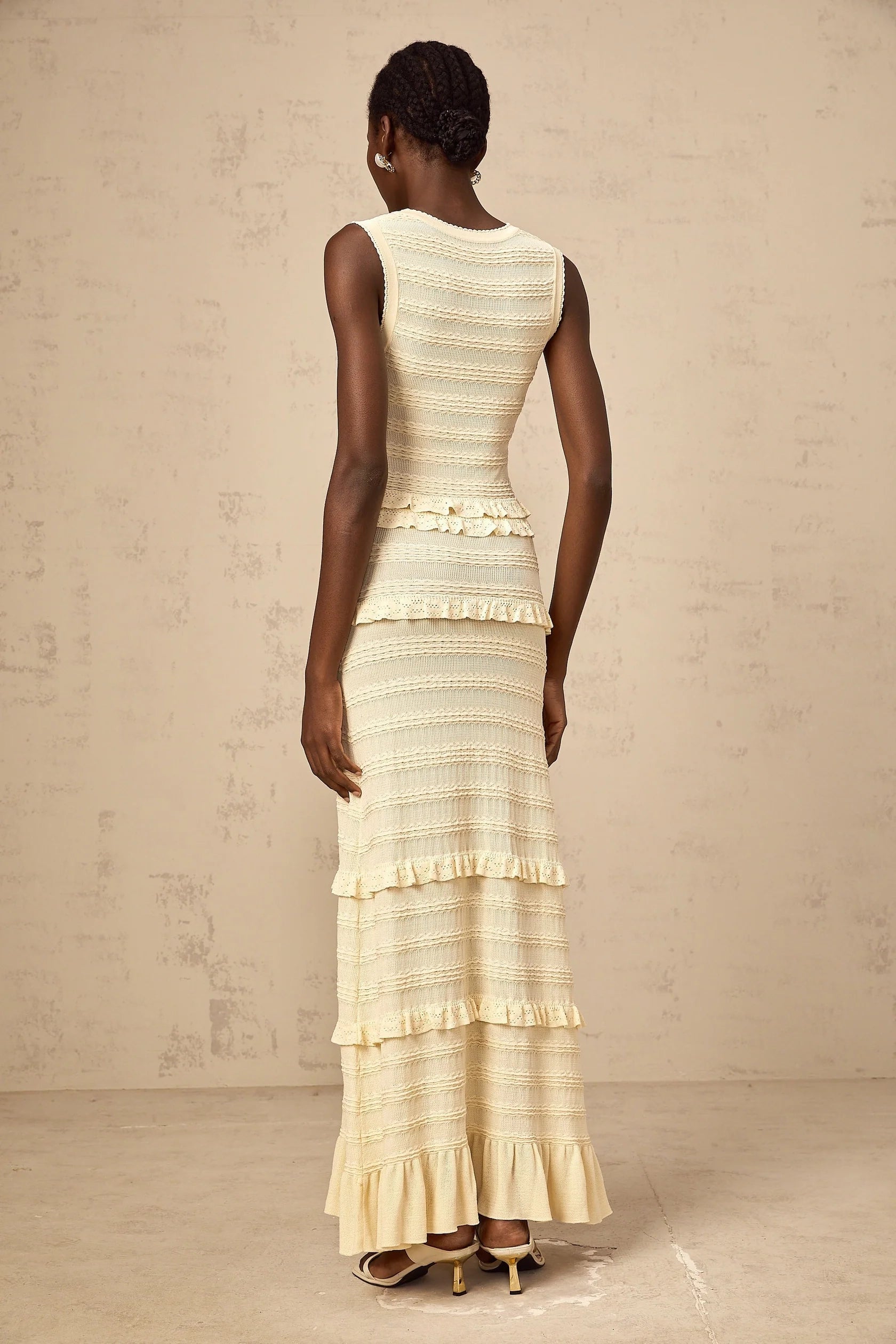 Cream Sleeveless Ruffled Tiered Maxi Dress beige ruffled sleeveless knit maxi dress Evening Dress