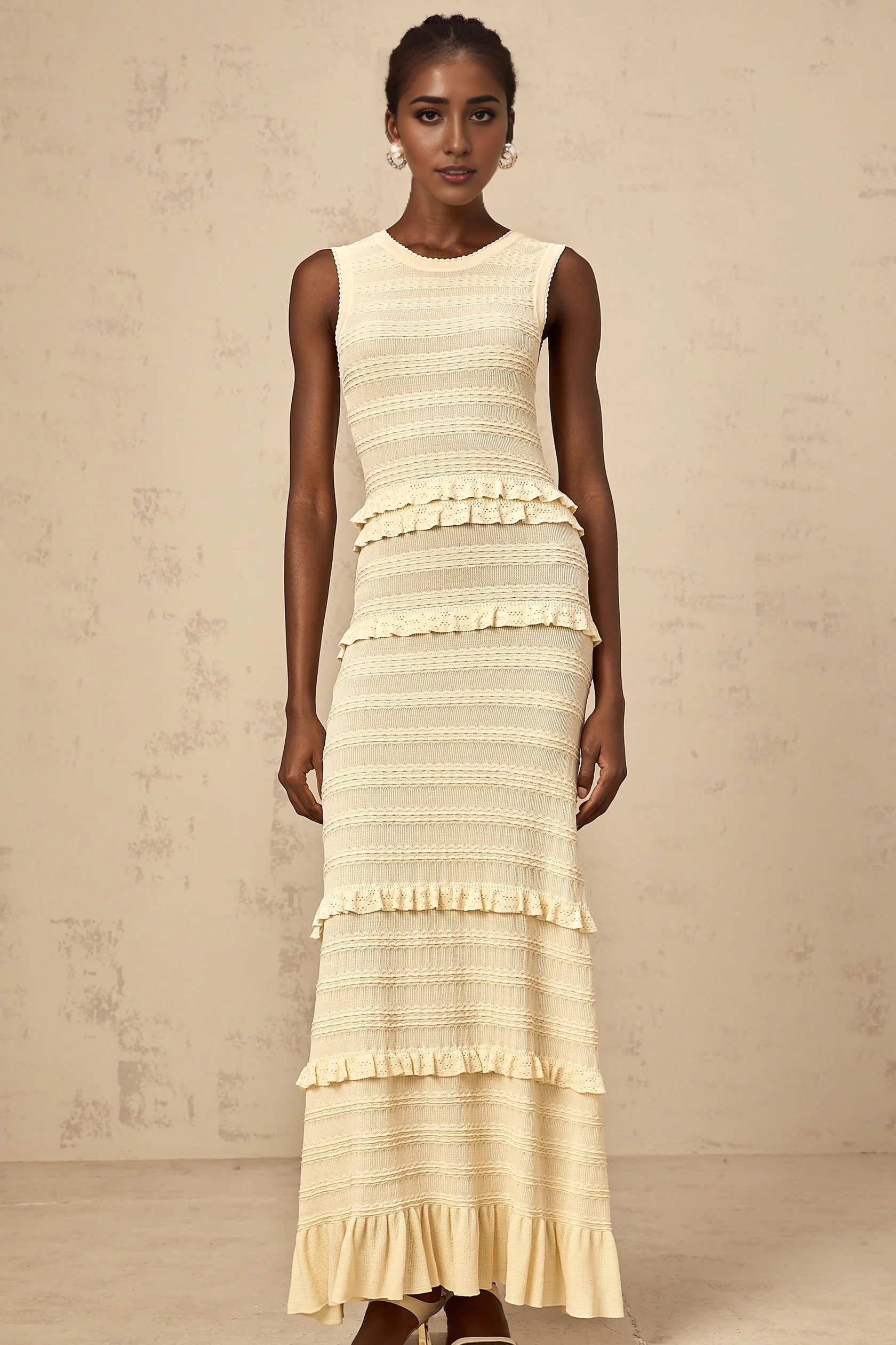 Cream Sleeveless Ruffled Tiered Maxi Dress beige ruffled sleeveless knit maxi dress Evening Dress