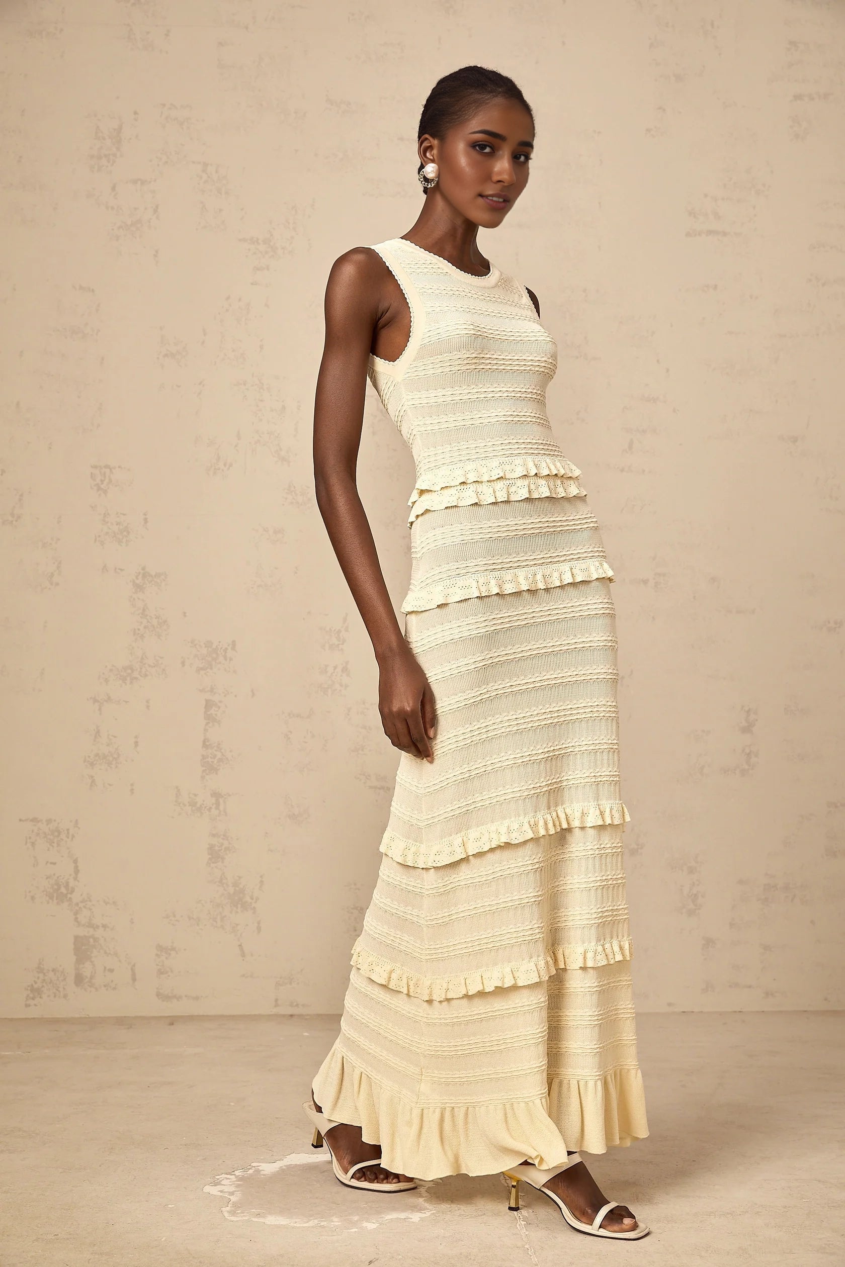 Cream Sleeveless Ruffled Tiered Maxi Dress beige ruffled sleeveless knit maxi dress Evening Dress