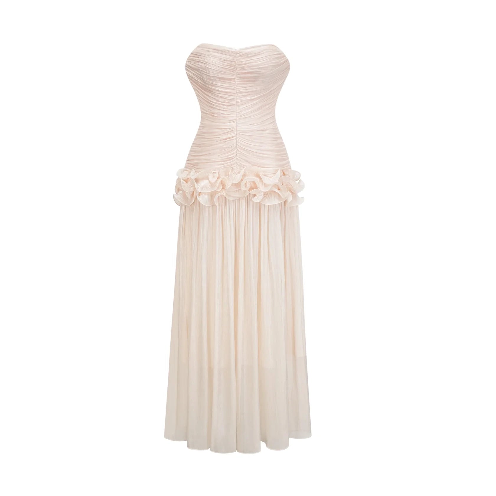 Cream-Strapless-Ruched-Maxi-Dress-with-Ruffle-Detail neutrals ruffled pleated maxi dress