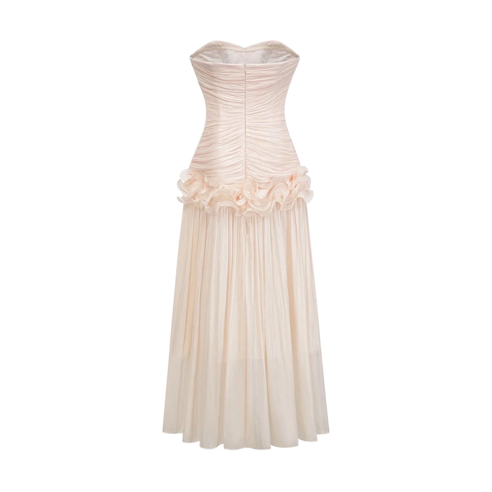 Cream-Strapless-Ruched-Maxi-Dress-with-Ruffle-Detail neutrals ruffled pleated maxi dress