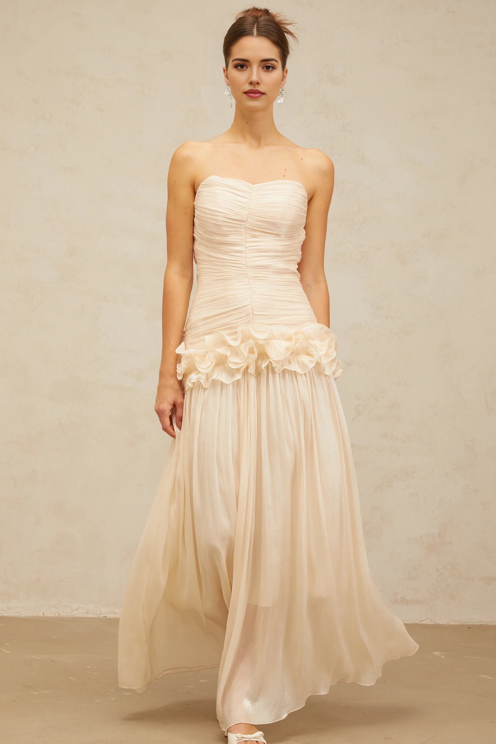 Cream-Strapless-Ruched-Maxi-Dress-with-Ruffle-Detail neutrals ruffled pleated maxi dress